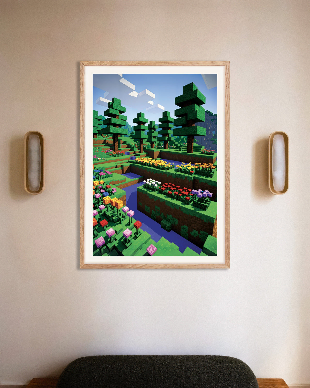 Póster de Pixel Flowers, póster botánico, con marco de madera natural