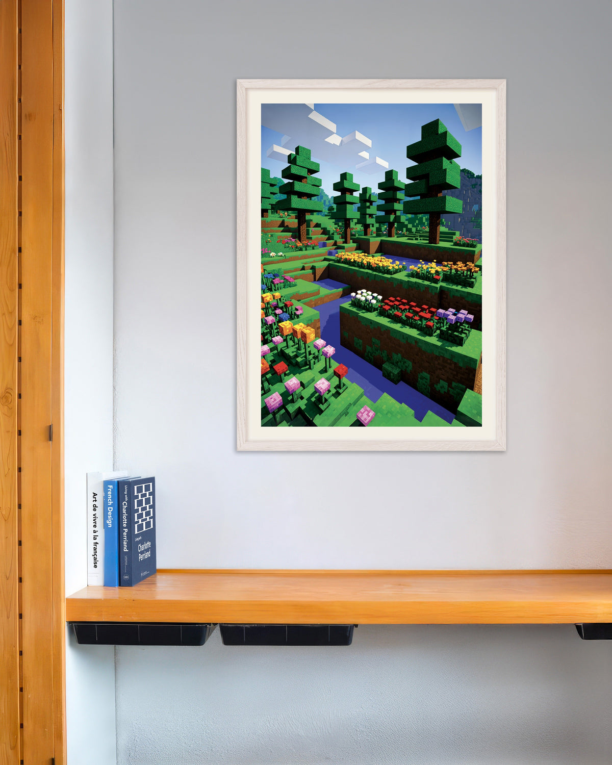 Póster de Pixel Flowers, póster botánico, con marco de madera blanca