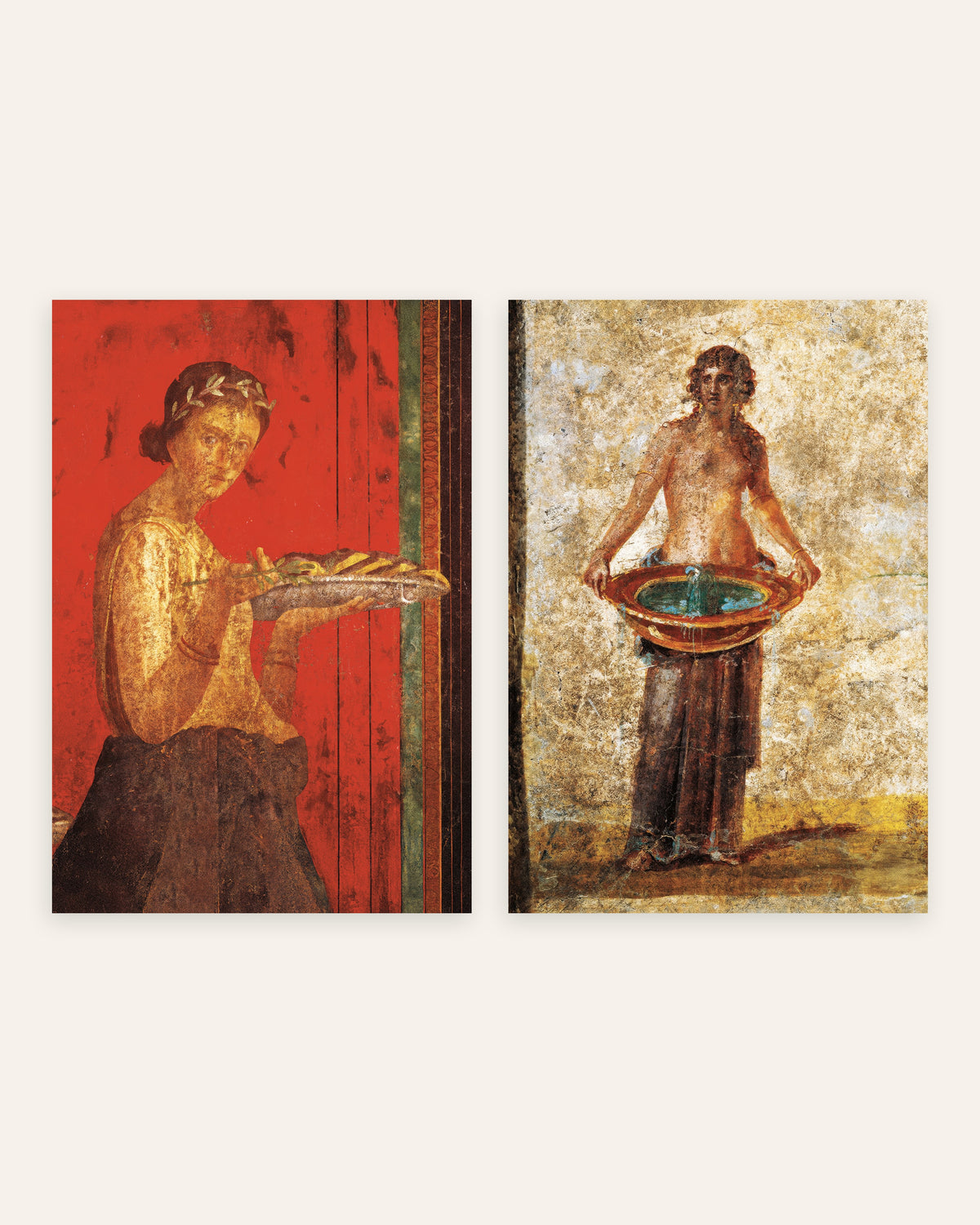 Pósters de frescos de Pompeya, conjunto de 2: corona de laurel y palangana, sin marco