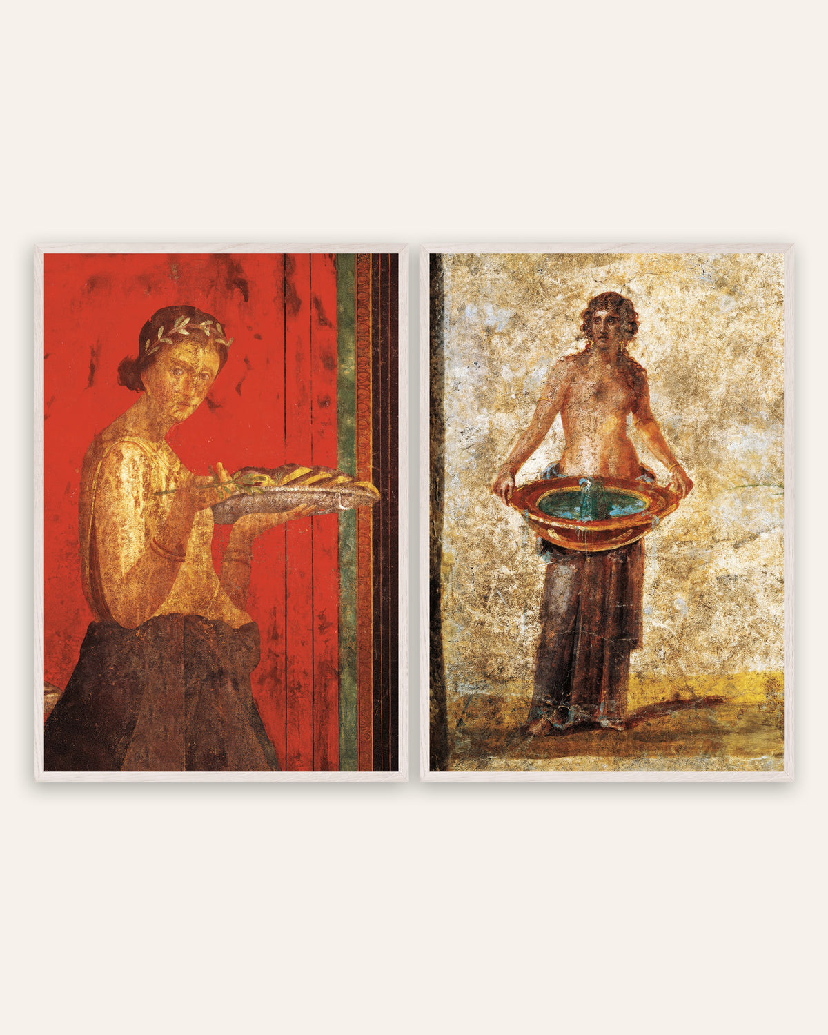 Pósters de frescos de Pompeya, conjunto de 2: corona de laurel y palangana, con marcos de roble blanco