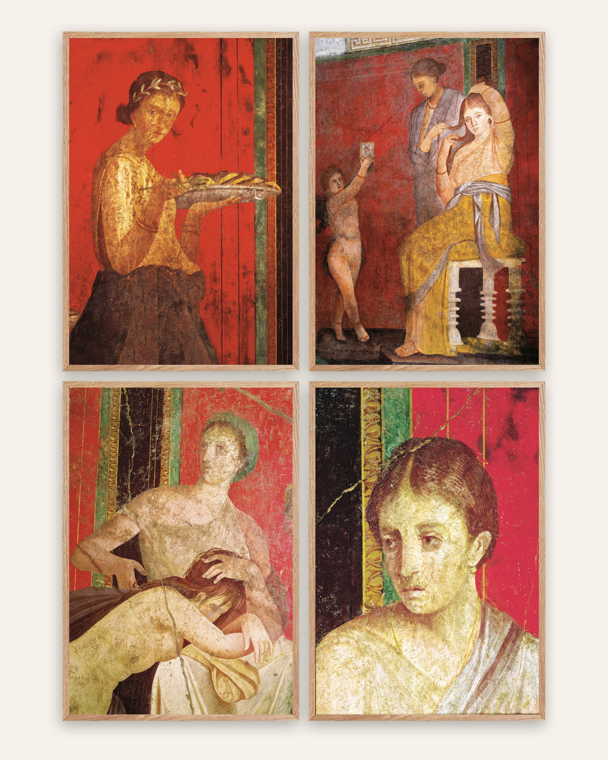 Pósters de frescos de Pompeya, conjunto de 4: Villa de los Misterios, con marcos de roble natural