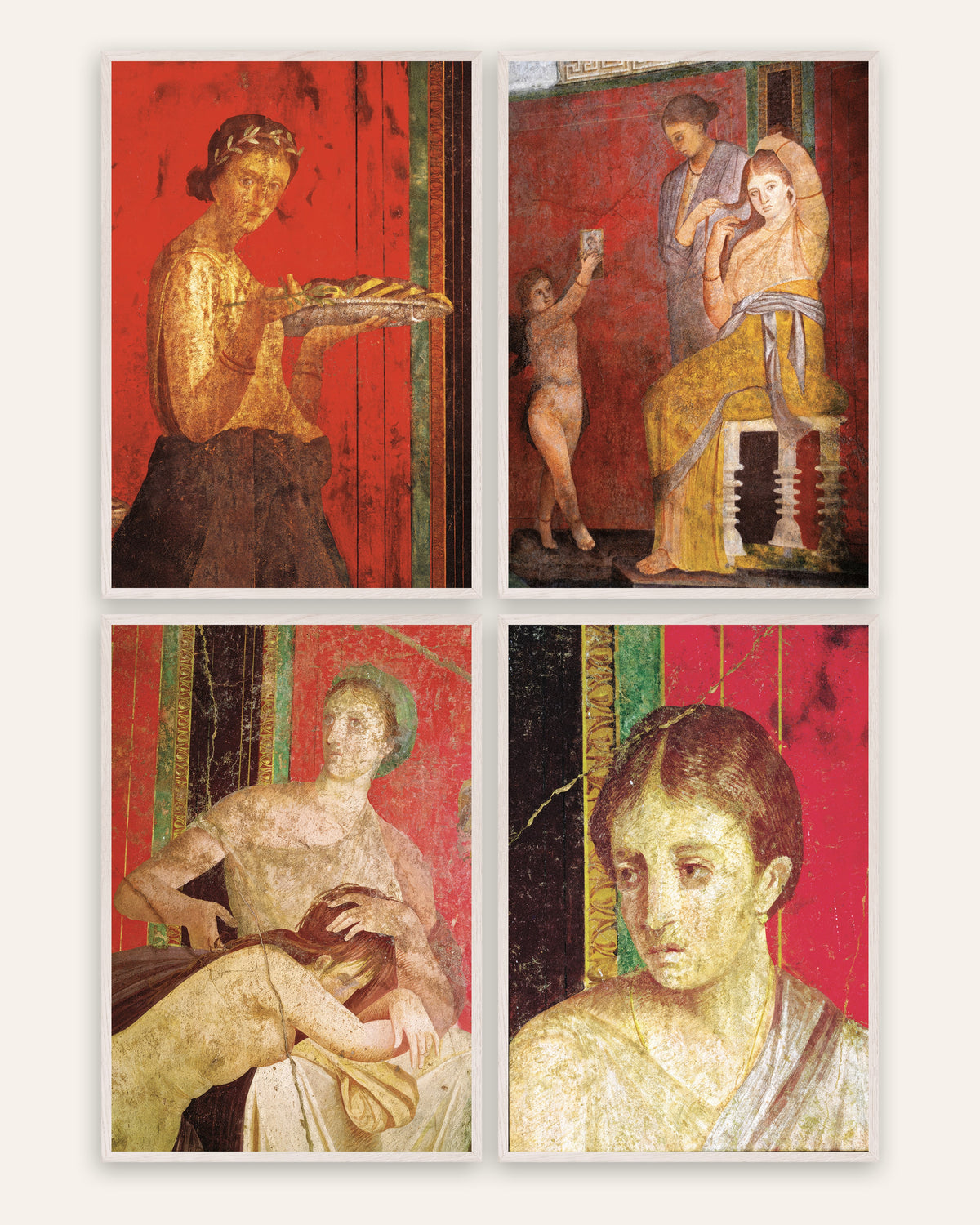 Pósters de frescos de Pompeya, conjunto de 4: Villa de los Misterios, con marcos de roble blanco