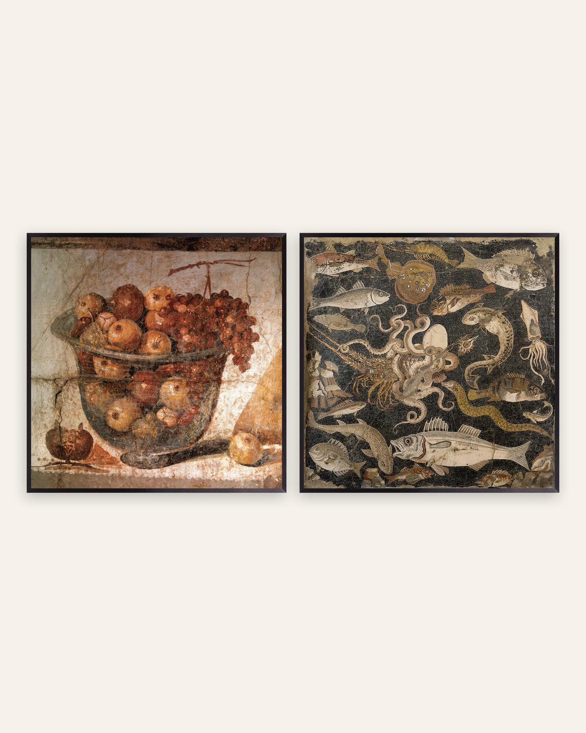 Pósters de cocina de Pompeya, conjunto de 2: frutero y mosaico de peces, con marcos de metal negro