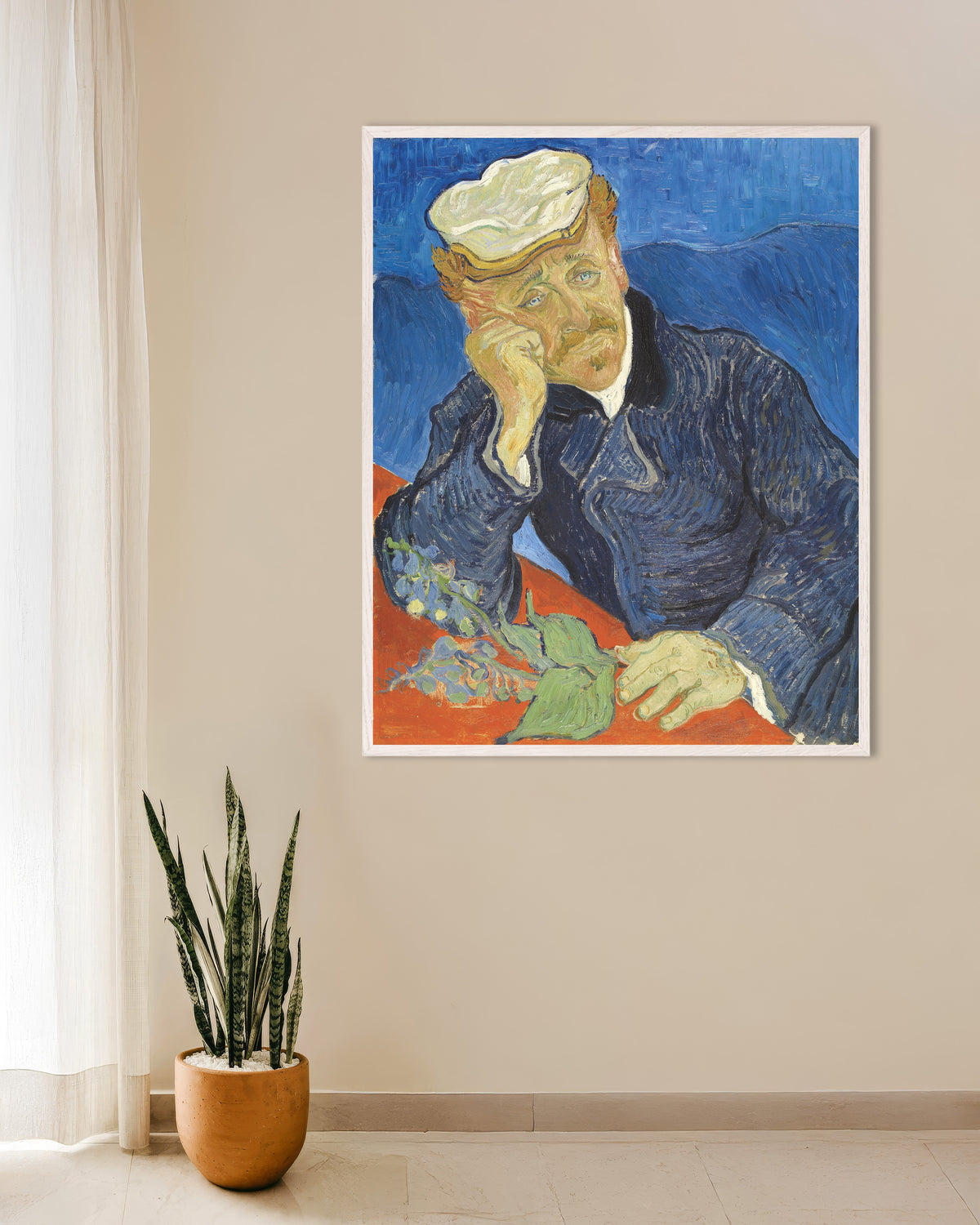 Póster de Retrato del doctor Paul Gachet (1890), de Vincent van Gogh, con marco de madera blanco