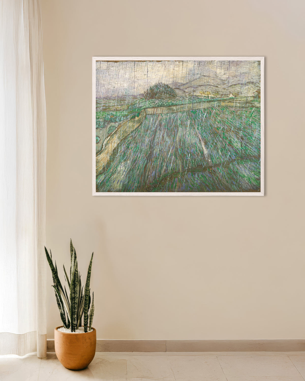 Póster de Lluvia (1889), de Vincent van Gogh, con marco de madera blanca