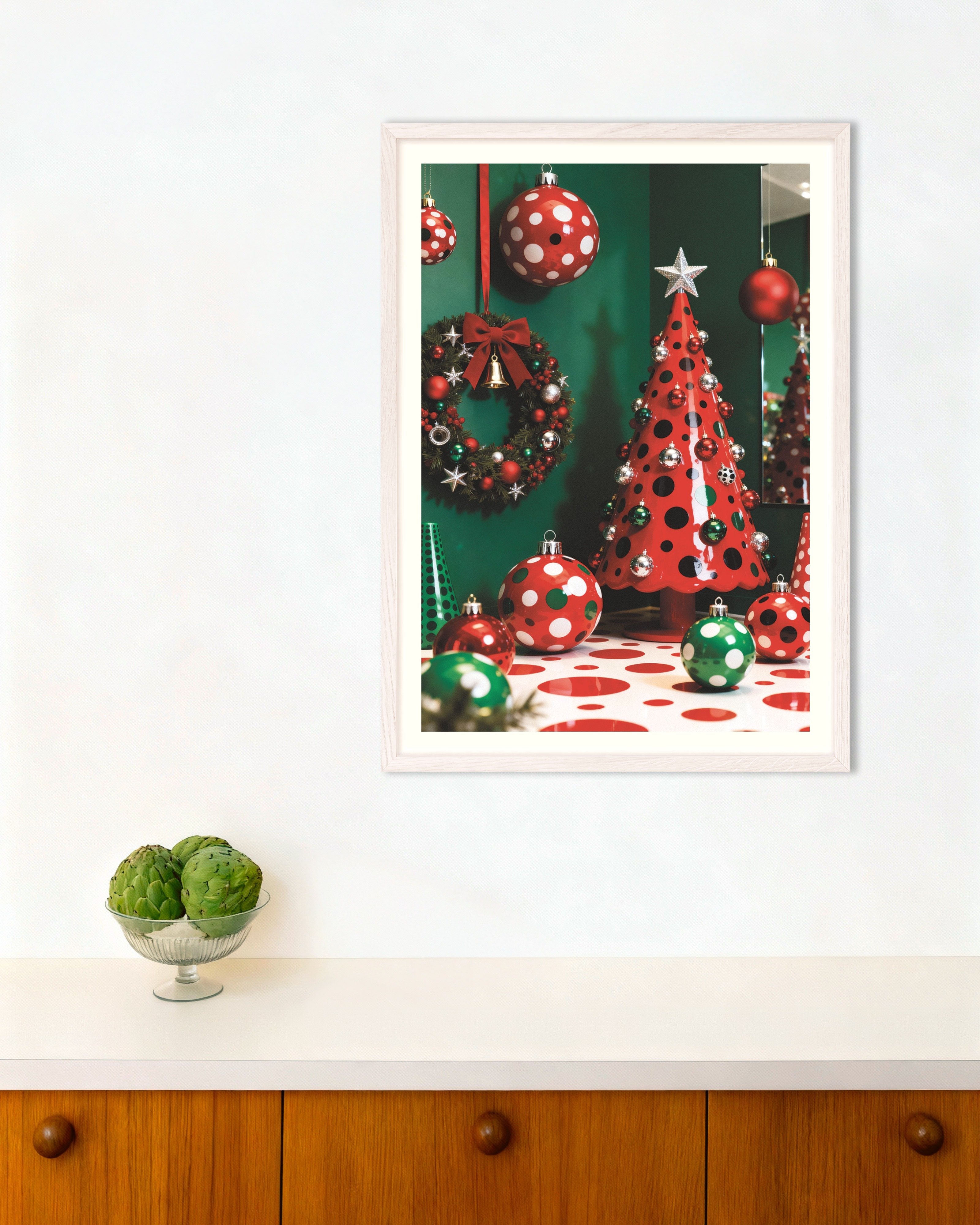Poster of Red and green Christmas decor poster, with white wooden frame