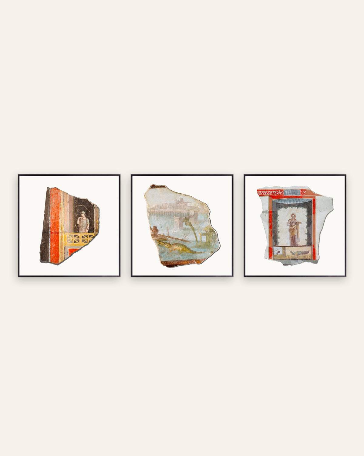 Pósters de fragmentos de frescos romanos, conjunto de 3: balcón, Nilo y pavo real, con marcos de metal negro