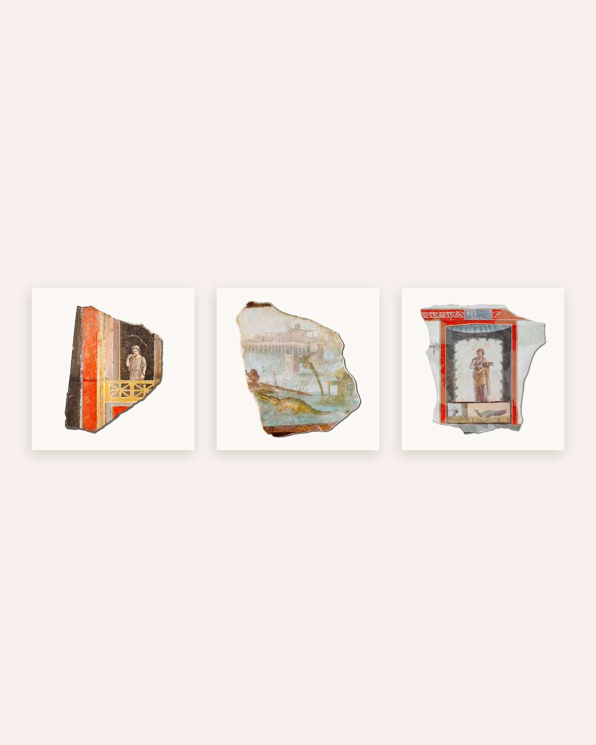 Pósters de fragmentos de frescos romanos, conjunto de 3: balcón, Nilo y pavo real, sin marco