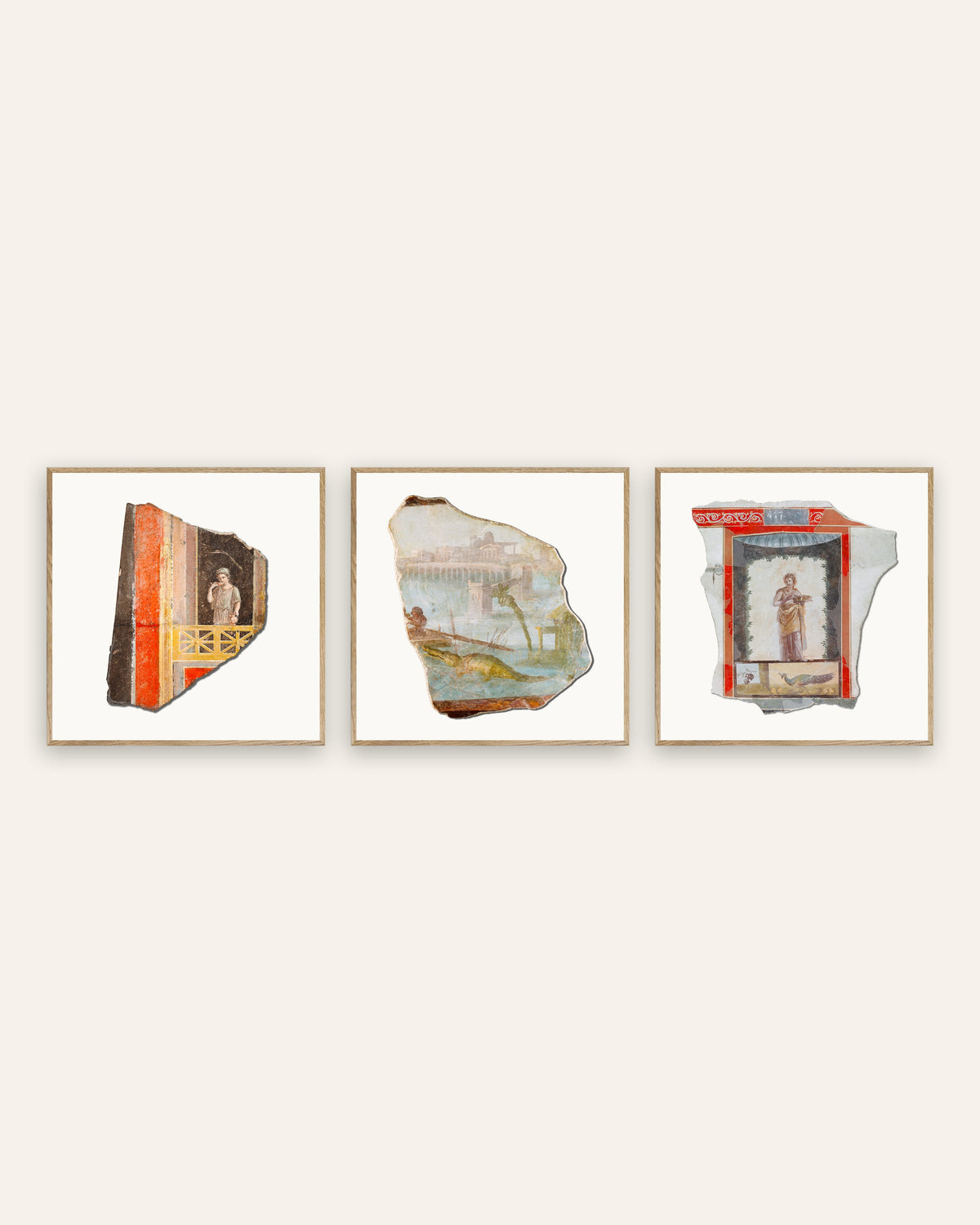 Pósters de fragmentos de frescos romanos, conjunto de 3: balcón, Nilo y pavo real, con marcos de roble natural