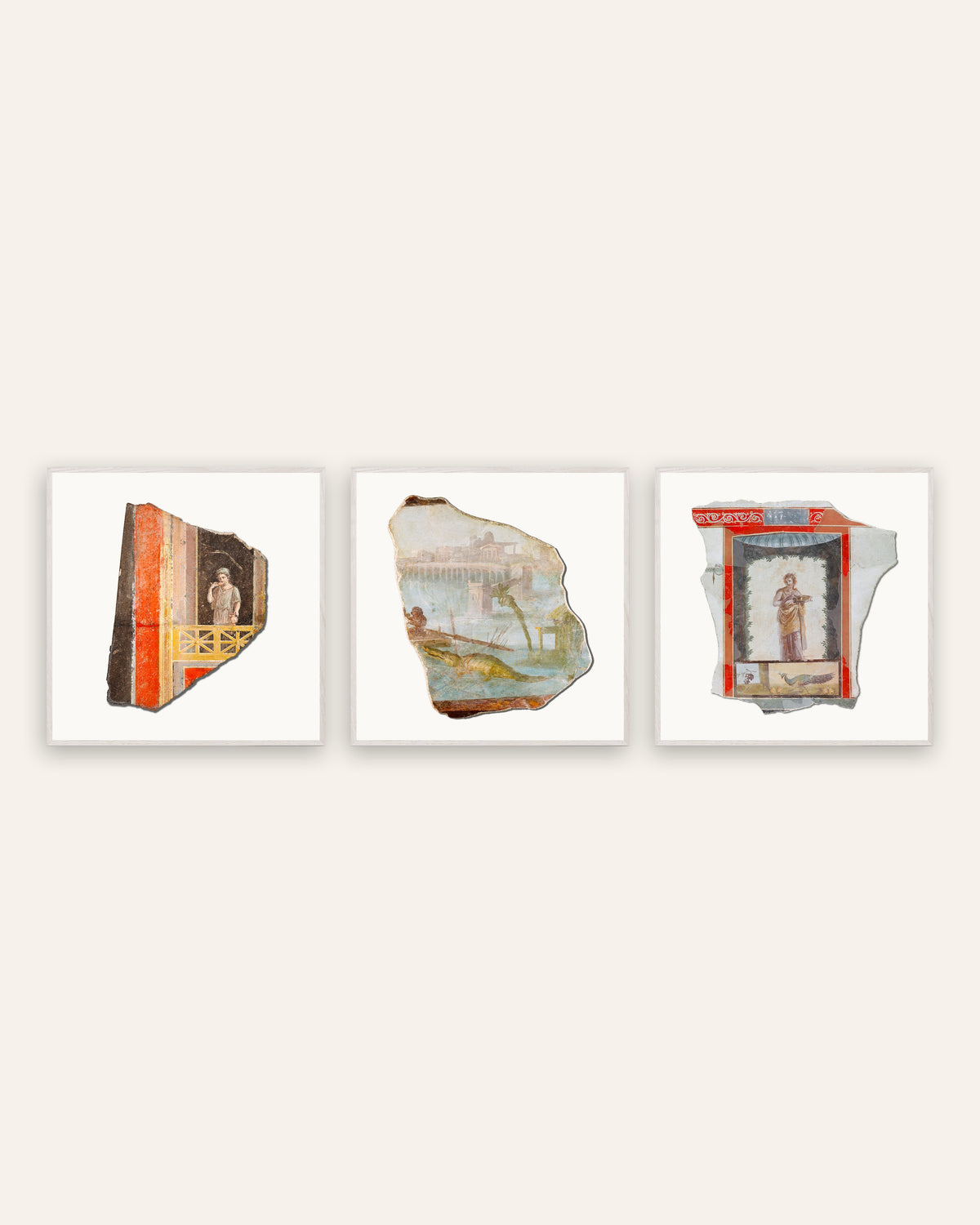 Pósters de fragmentos de frescos romanos, conjunto de 3: balcón, Nilo y pavo real, con marcos de roble blanco