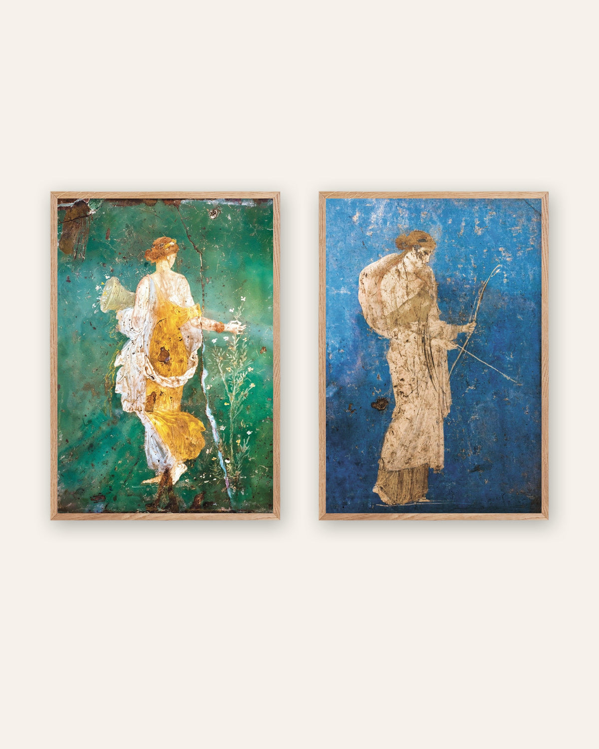 Conjunto de 2 pósters de frescos romanos, Flora y Artemisa, con marcos de madera natural