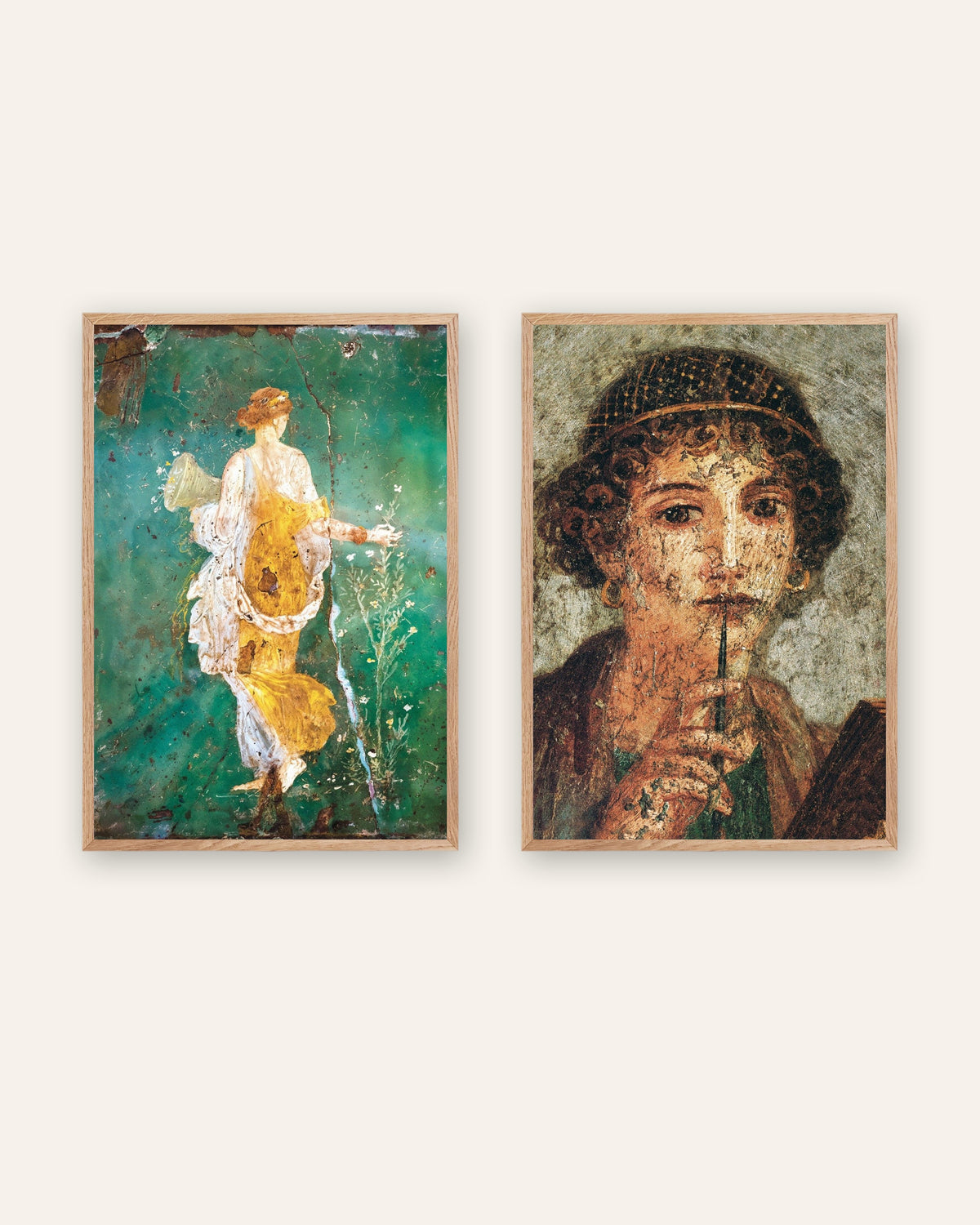 Conjunto de 2 pósters de frescos romanos, Flora y Safo, con marcos de madera natural