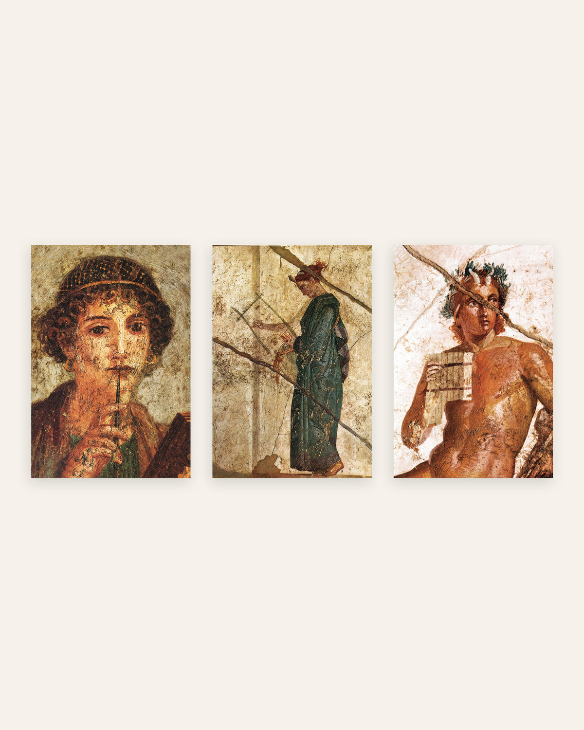 Pósters de frescos romanos, conjunto de 3: poesía y música, Safo, lira y Pan, sin marco