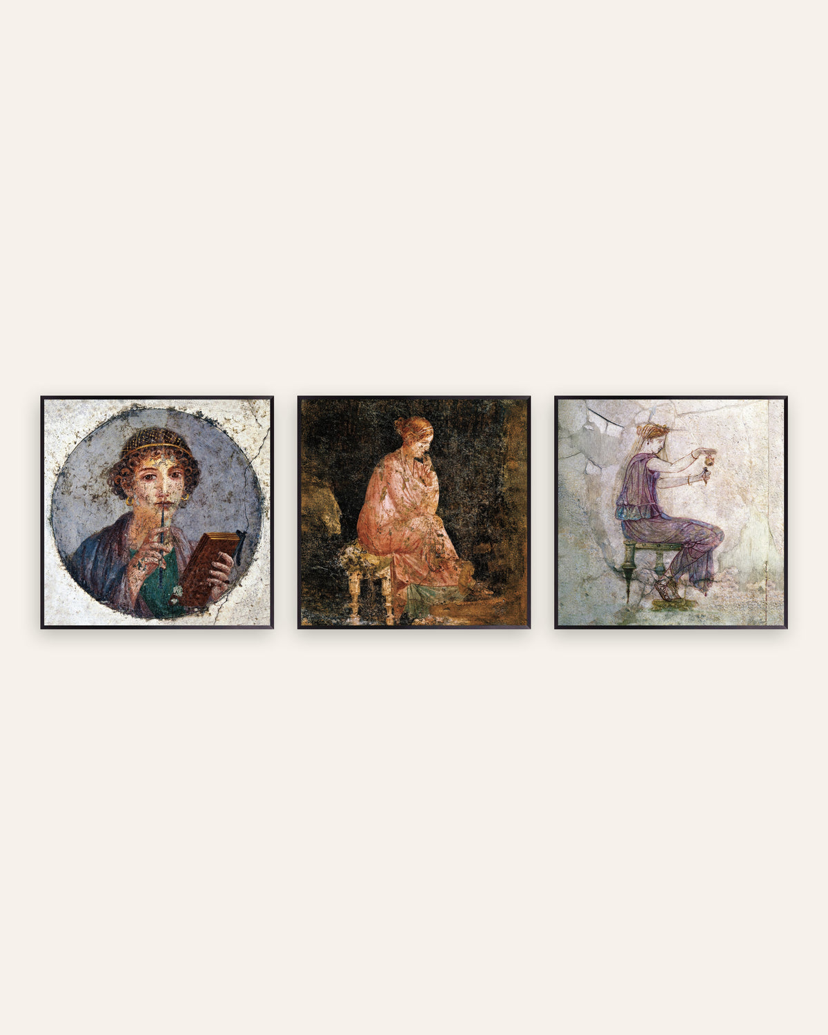 Pósters de frescos romanos, conjunto de 3: Safo, mujer sentada y perfume, con marcos de metal negro