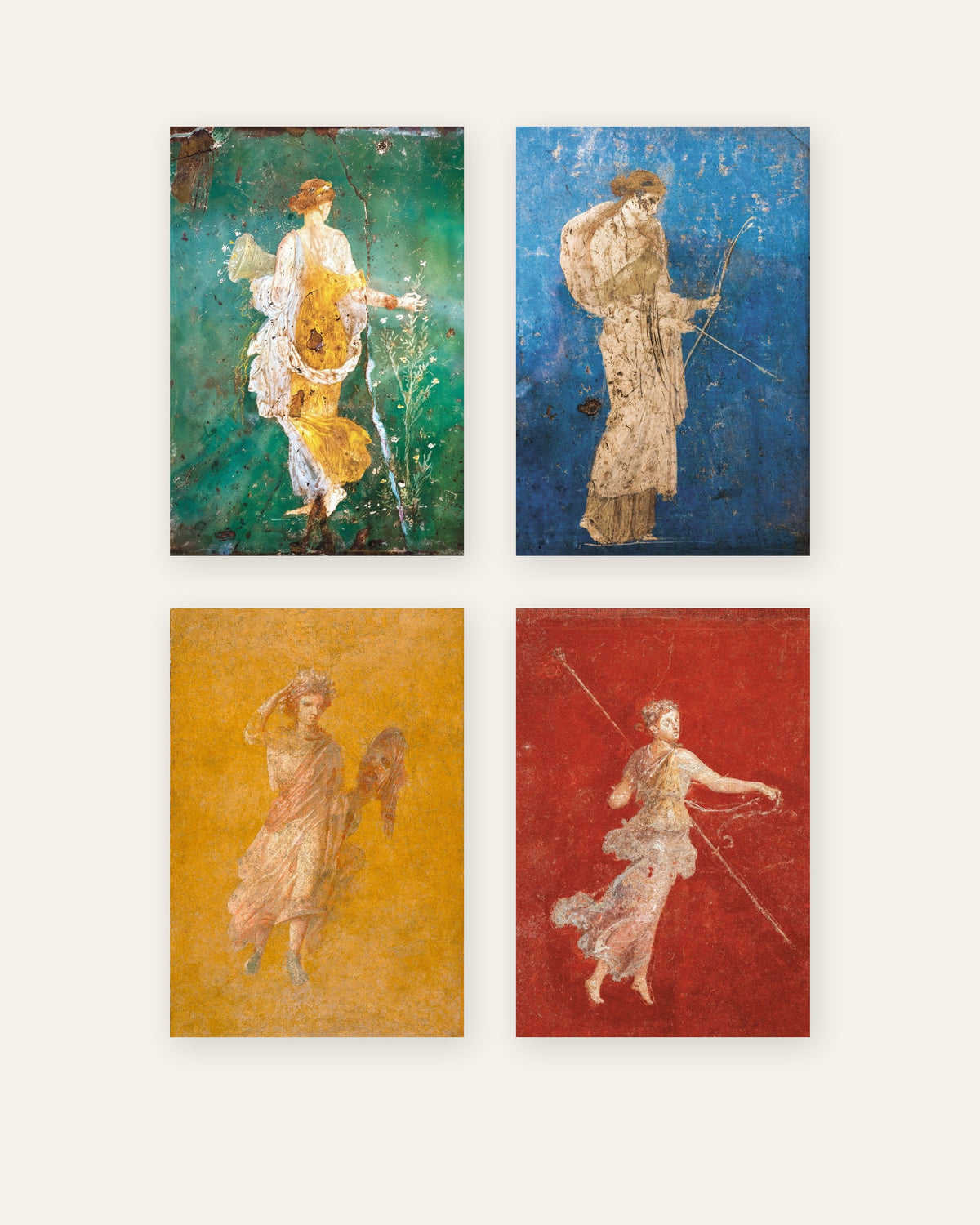 Conjunto de 4 pósters de frescos romanos, Flora, Artemisa, Melpómene y Ménade, sin marco
