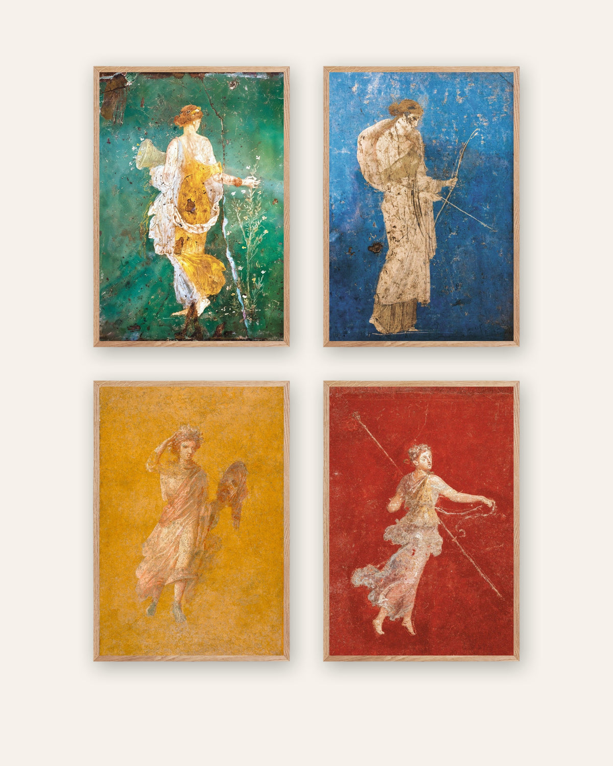 Conjunto de 4 pósters de frescos romanos, Flora, Artemisa, Melpómene y Ménade, con marcos de madera natural