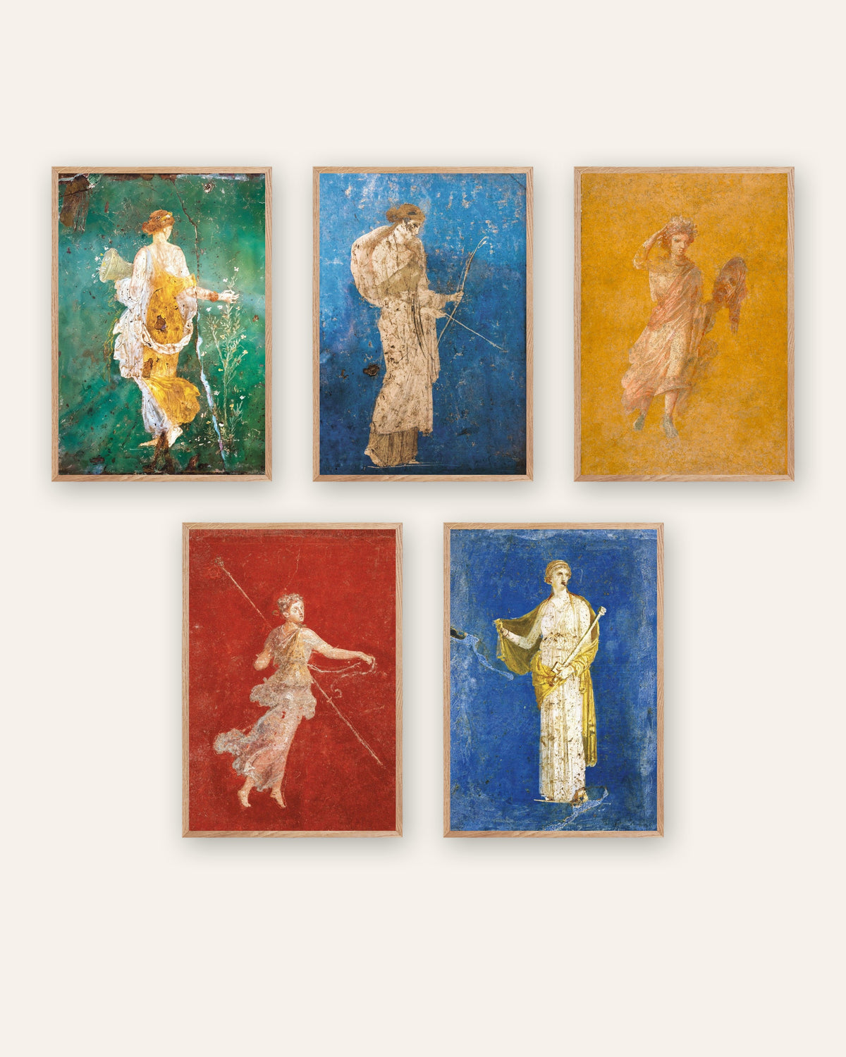 Conjunto de 5 pósters de frescos romanos, Flora, Artemisa, Melpómene, Ménade y Medea, con marcos de madera natural