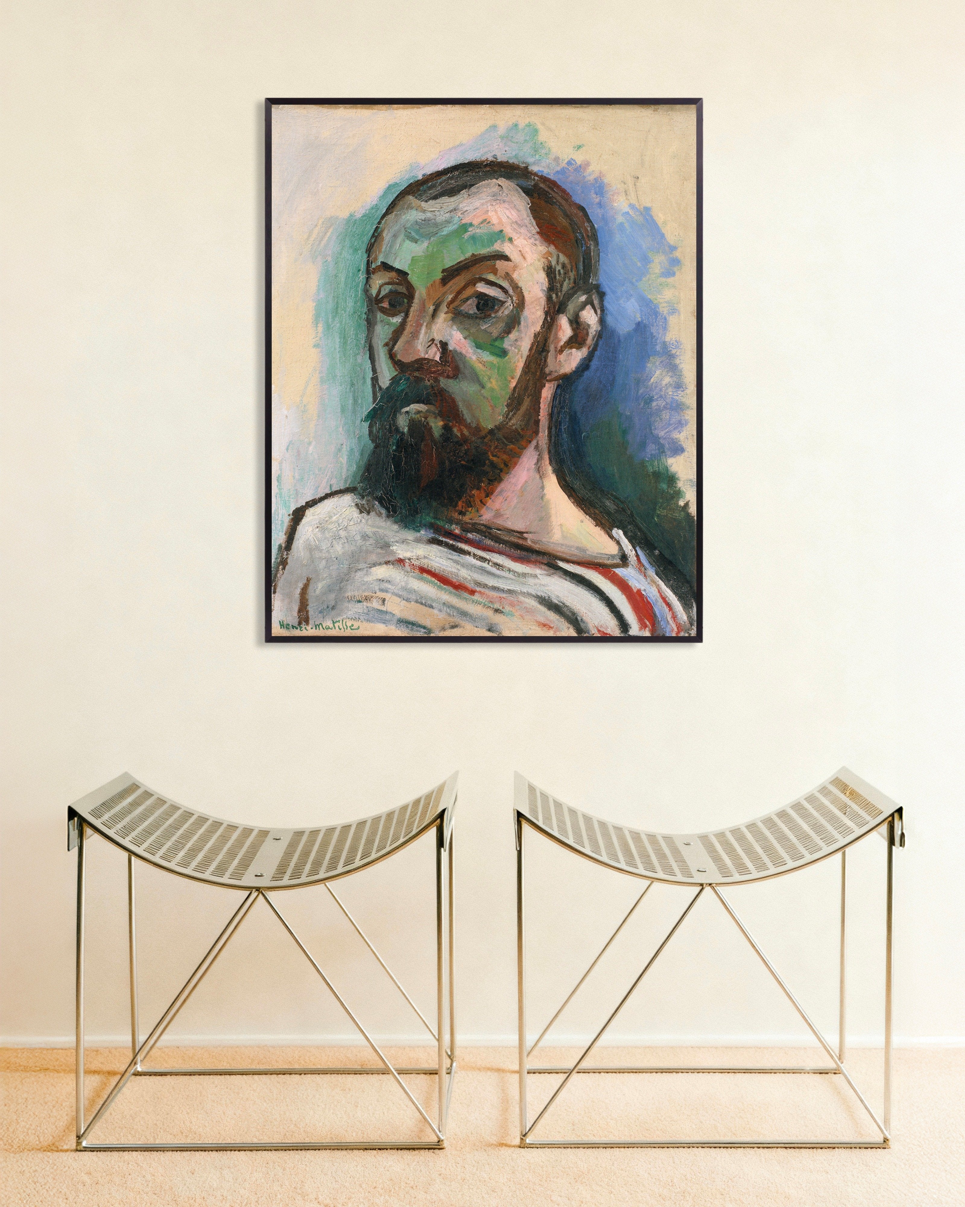 Poster of Self-portrait in a striped t-shirt (1906) by Henri Matisse, with metal frame