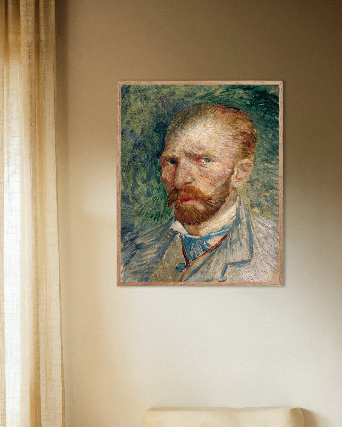 Póster de Autorretrato sobre fondo verde (1886), de Vincent van Gogh, con marco de madera natural