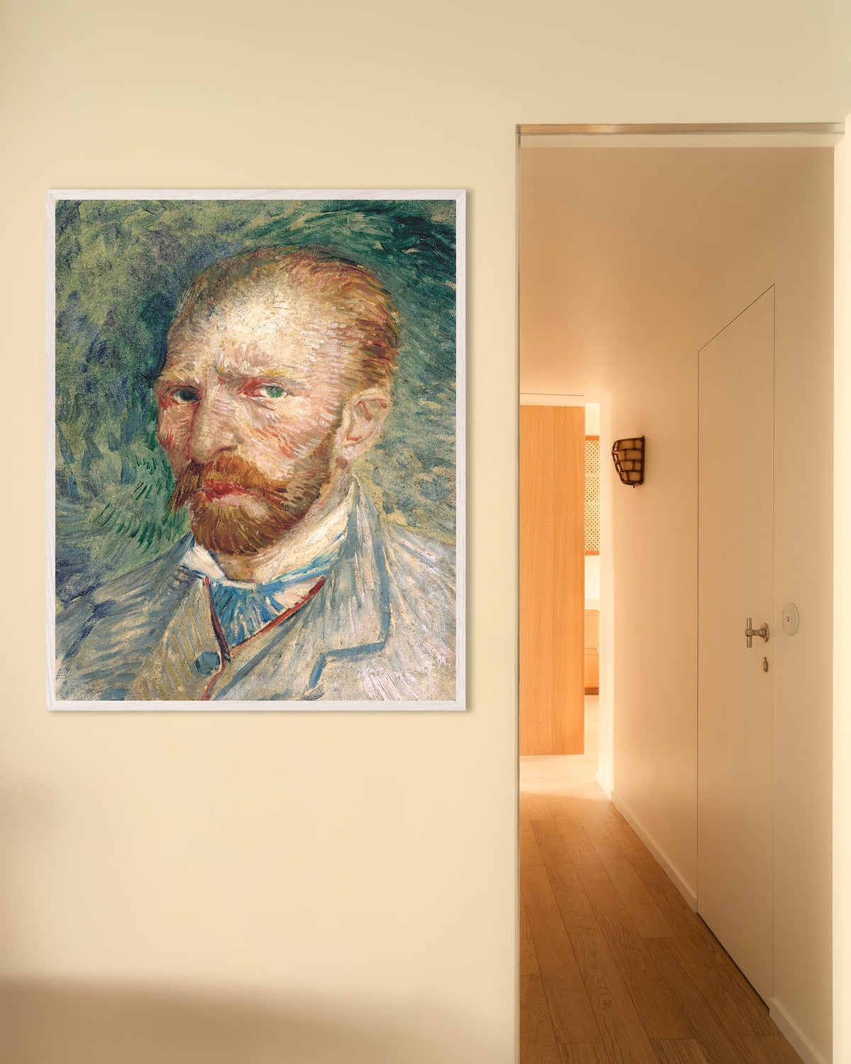 Póster de Autorretrato sobre fondo verde (1886), de Vincent van Gogh, con marco de madera blanca