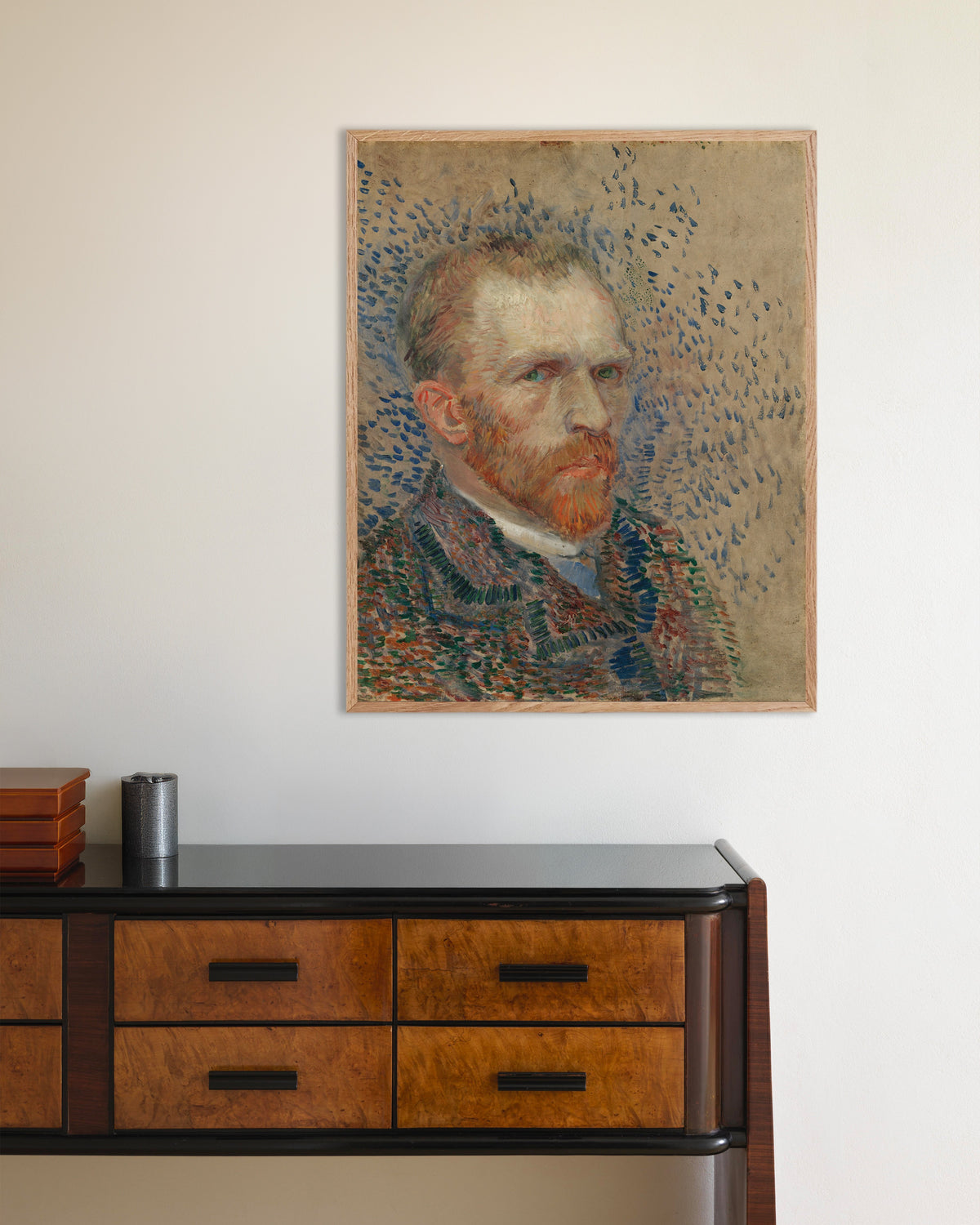 Póster de Autorretrato con trazos azules (1887), de Vincent van Gogh, con marco de madera natural