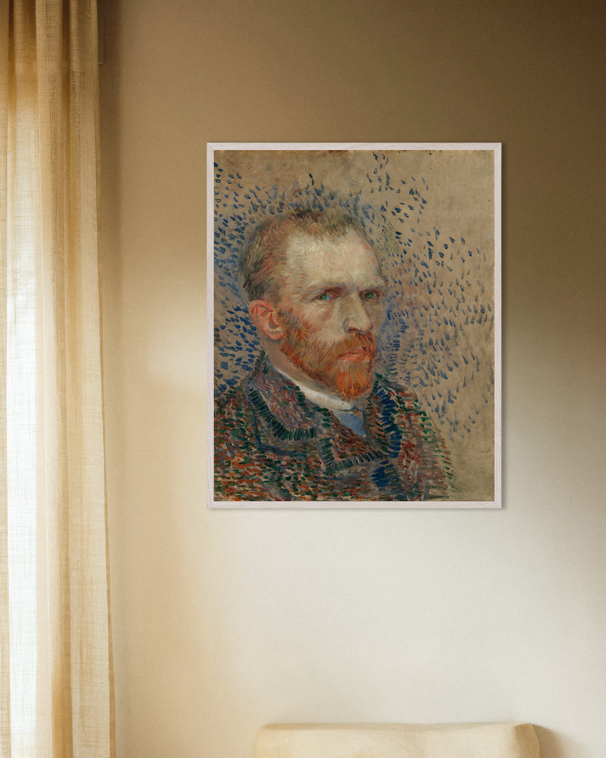 Póster de Autorretrato con trazos azules (1887), de Vincent van Gogh, con marco de madera blanca