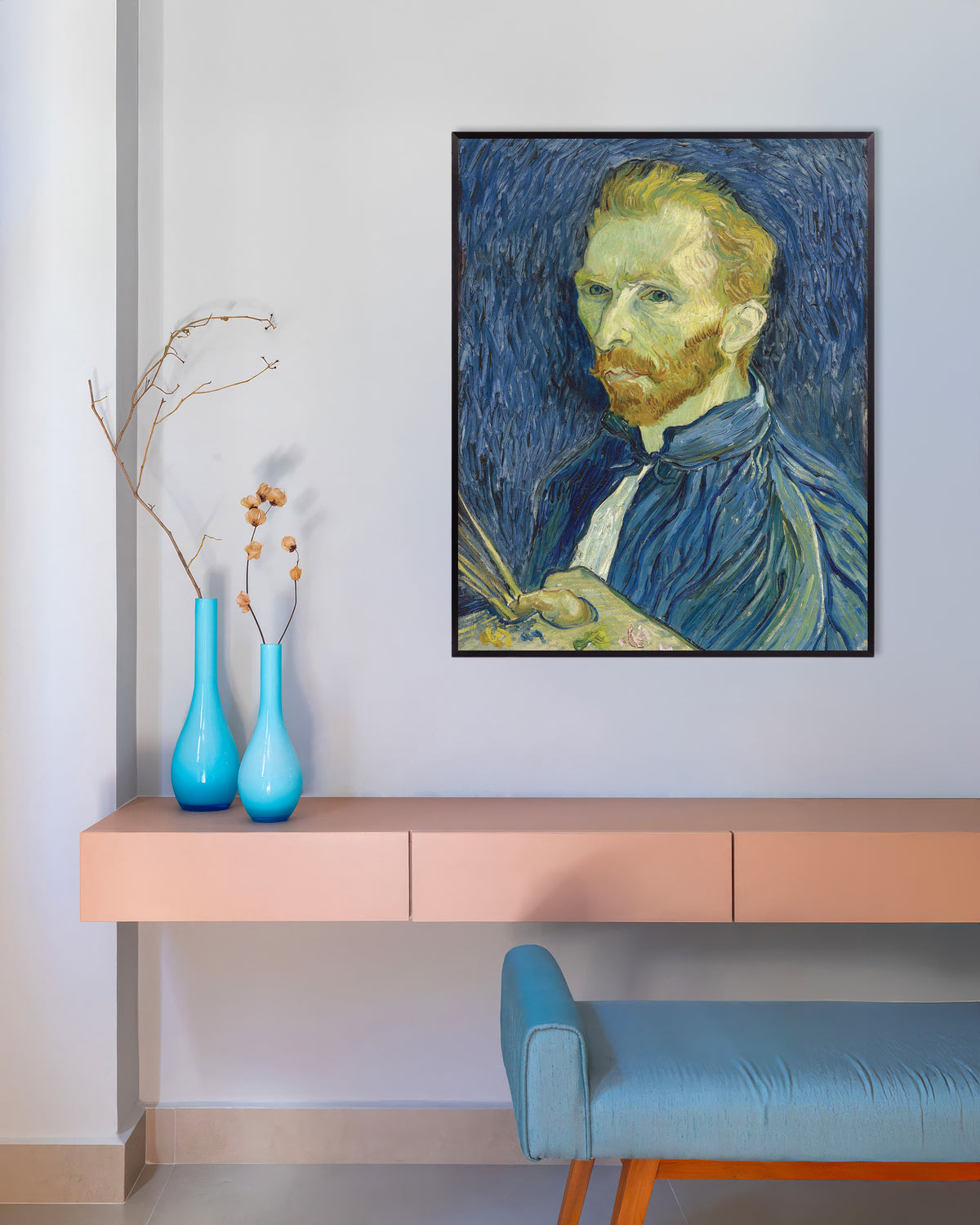 Póster de Autorretrato con paleta (1889), de Vincent van Gogh, con marco metálico