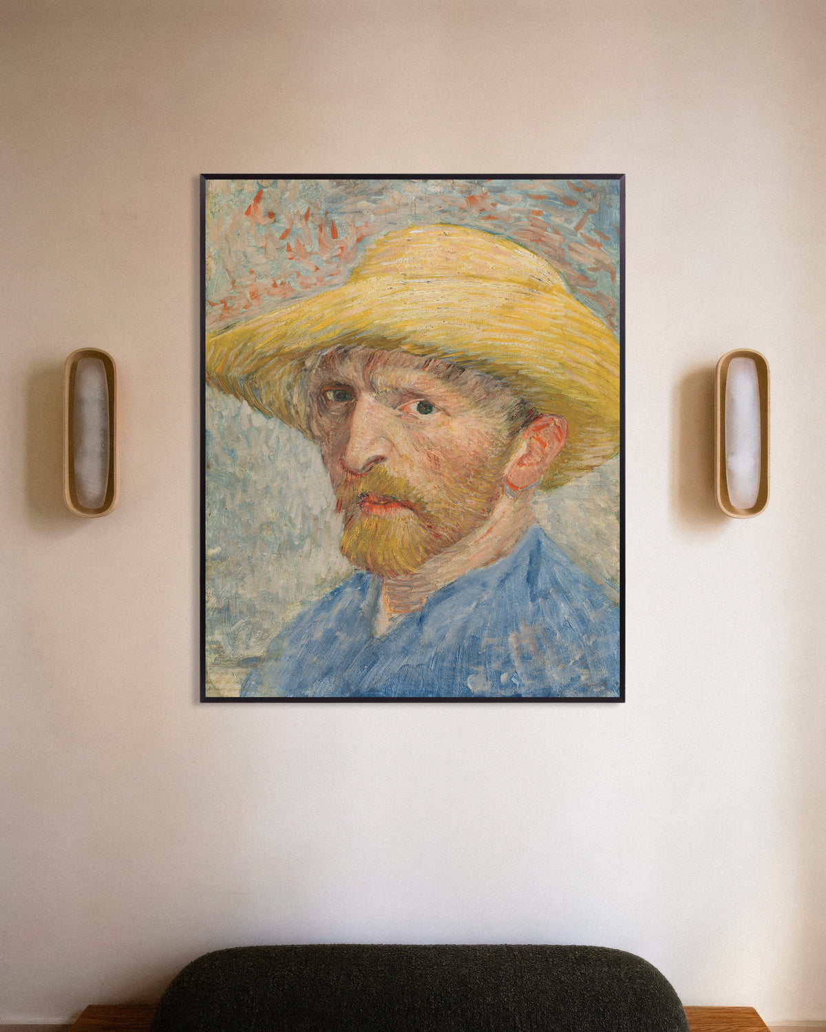 Póster de Autorretrato con sombrero de paja y blusón azul (1887), de Vincent van Gogh, con marco metálico