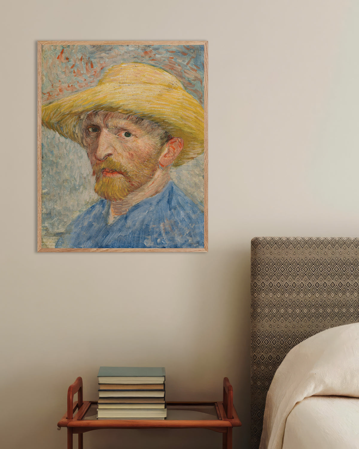 Póster de Autorretrato con sombrero de paja y blusón azul (1887), de Vincent van Gogh, con marco de madera natural