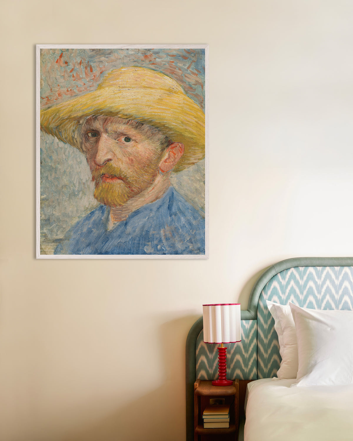 Póster de Autorretrato con sombrero de paja y blusón azul (1887), de Vincent van Gogh, con marco de madera blanca