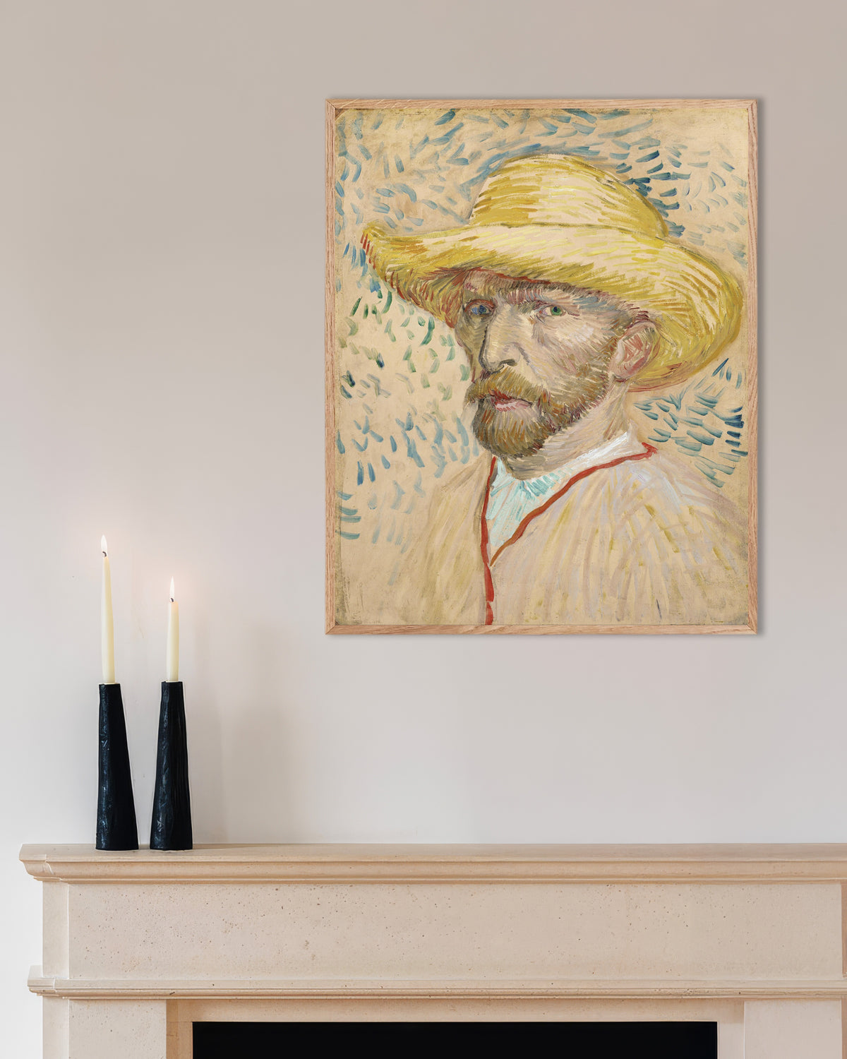 Póster de Autorretrato con sombrero de paja y blusa de pintor (1887), de Vincent van Gogh, con marco de madera natural