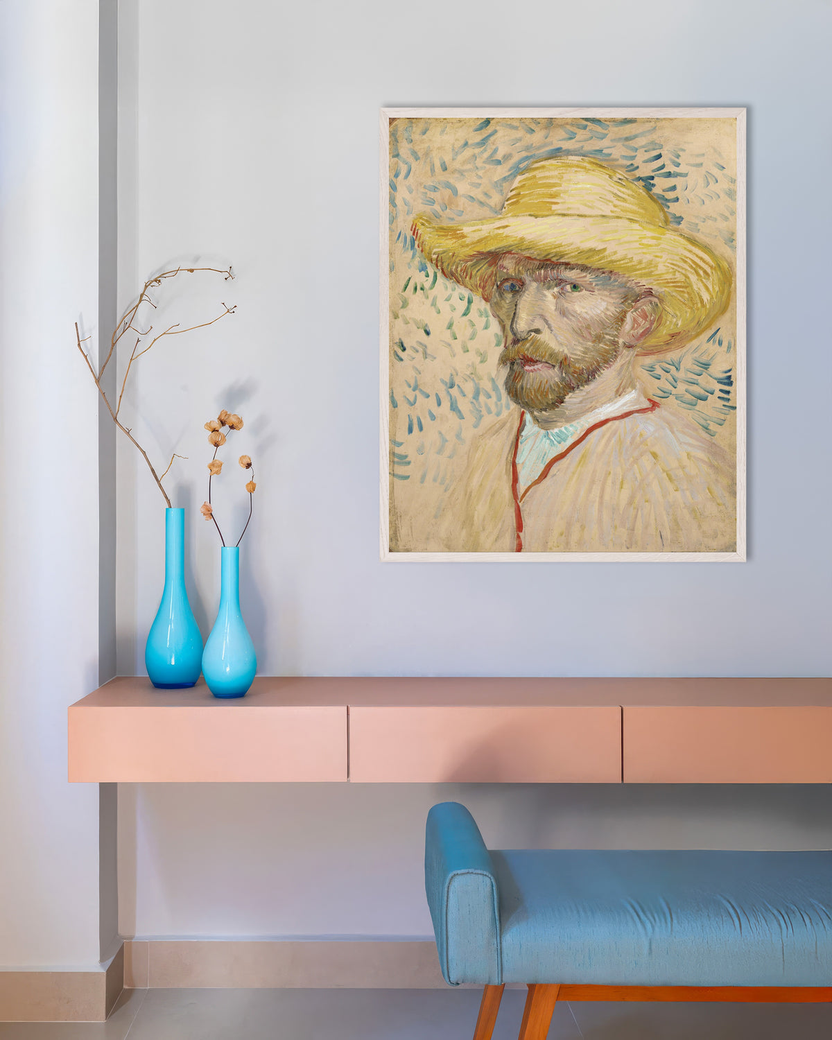 Póster de Autorretrato con sombrero de paja y blusa de pintor (1887), de Vincent van Gogh, con marco de madera blanca