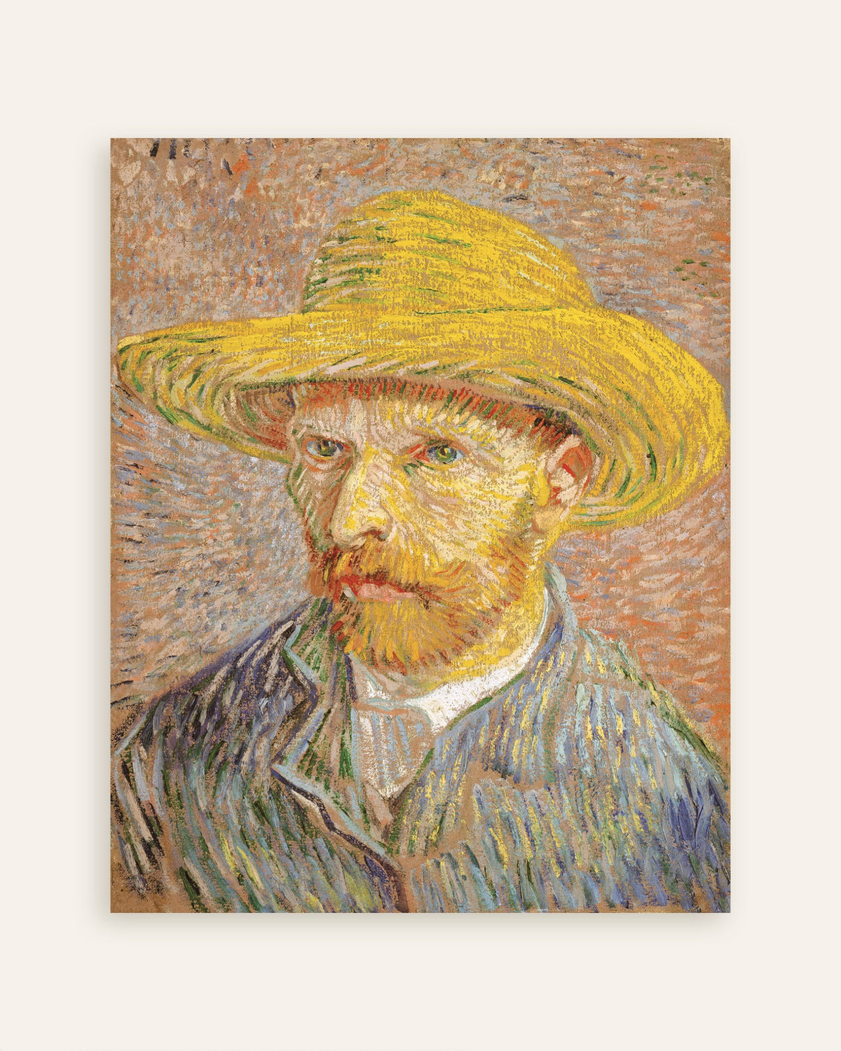 Póster de Autorretrato con sombrero de paja sobre fondo naranja (1887), de Vincent van Gogh, en miniatura