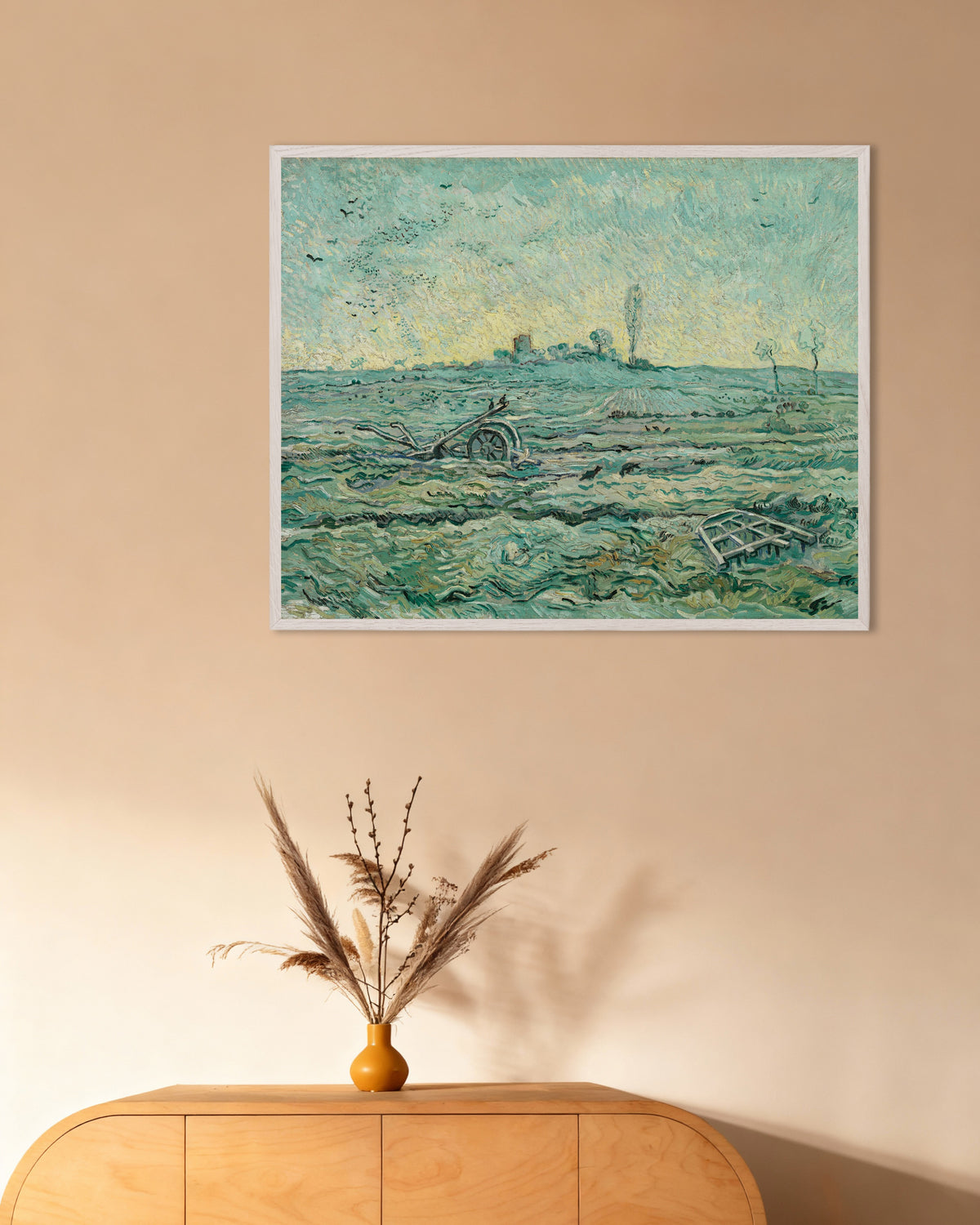 Póster de Campo cubierto de nieve con una grada, según Millet (1890), de Vincent van Gogh, con marco de madera blanca