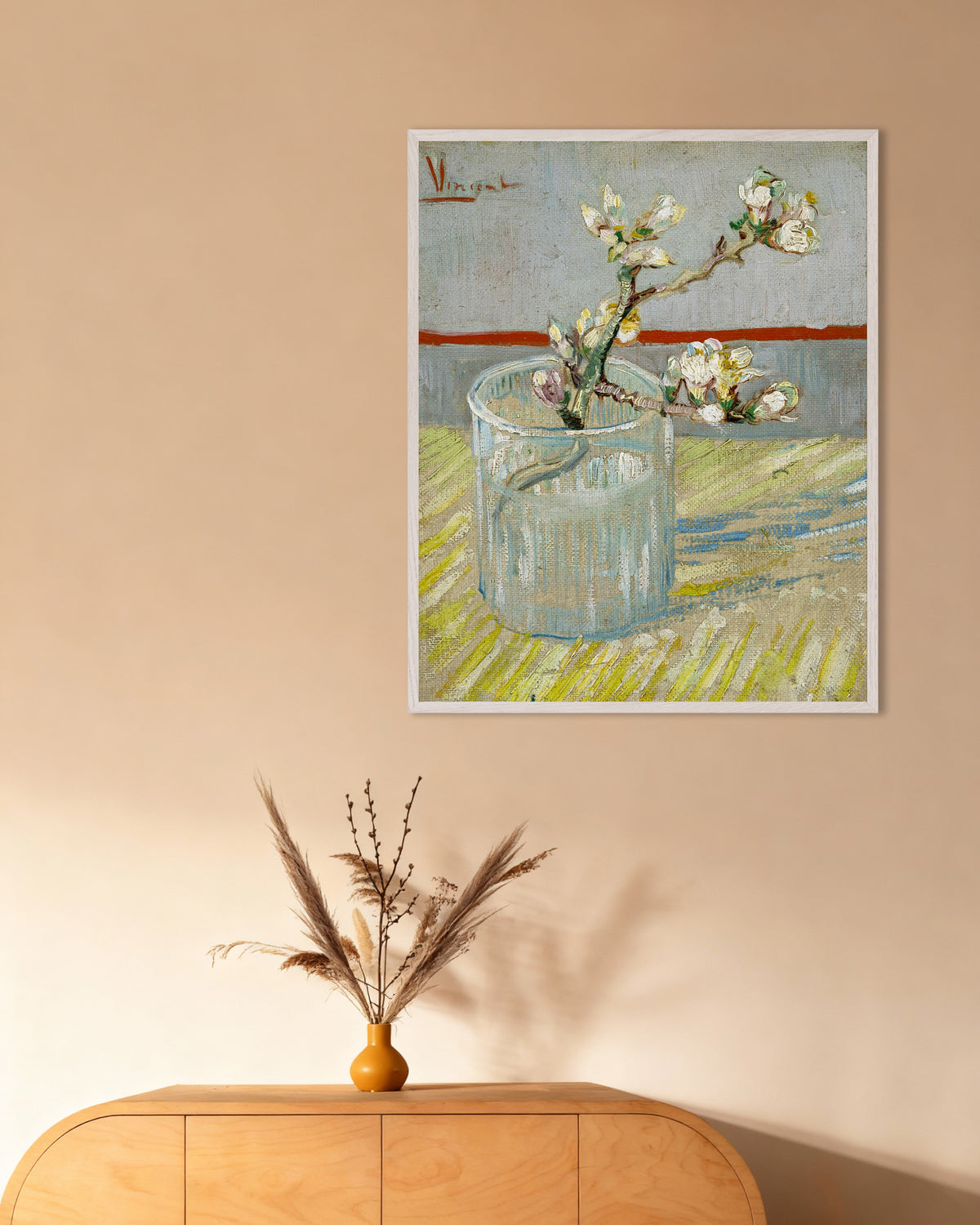 Póster de Rama de almendro en flor en un vaso (1888), de Vincent van Gogh, con marco de madera blanca