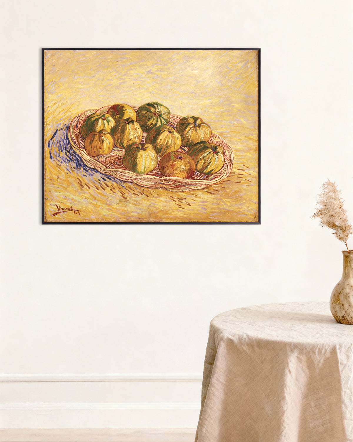 Póster de Bodegón con cesta de manzanas (1887), de Vincent van Gogh, con marco metálico