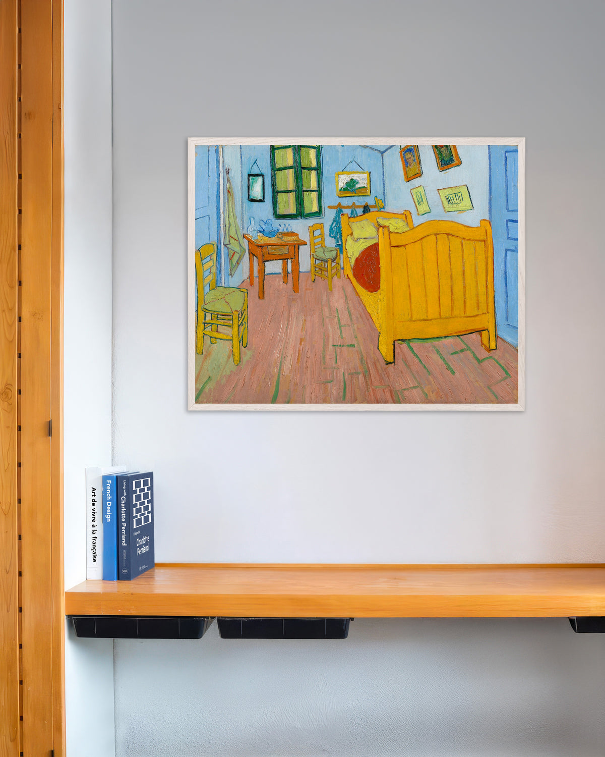 Póster de El dormitorio (1888), de Vincent van Gogh, con marco de madera blanca