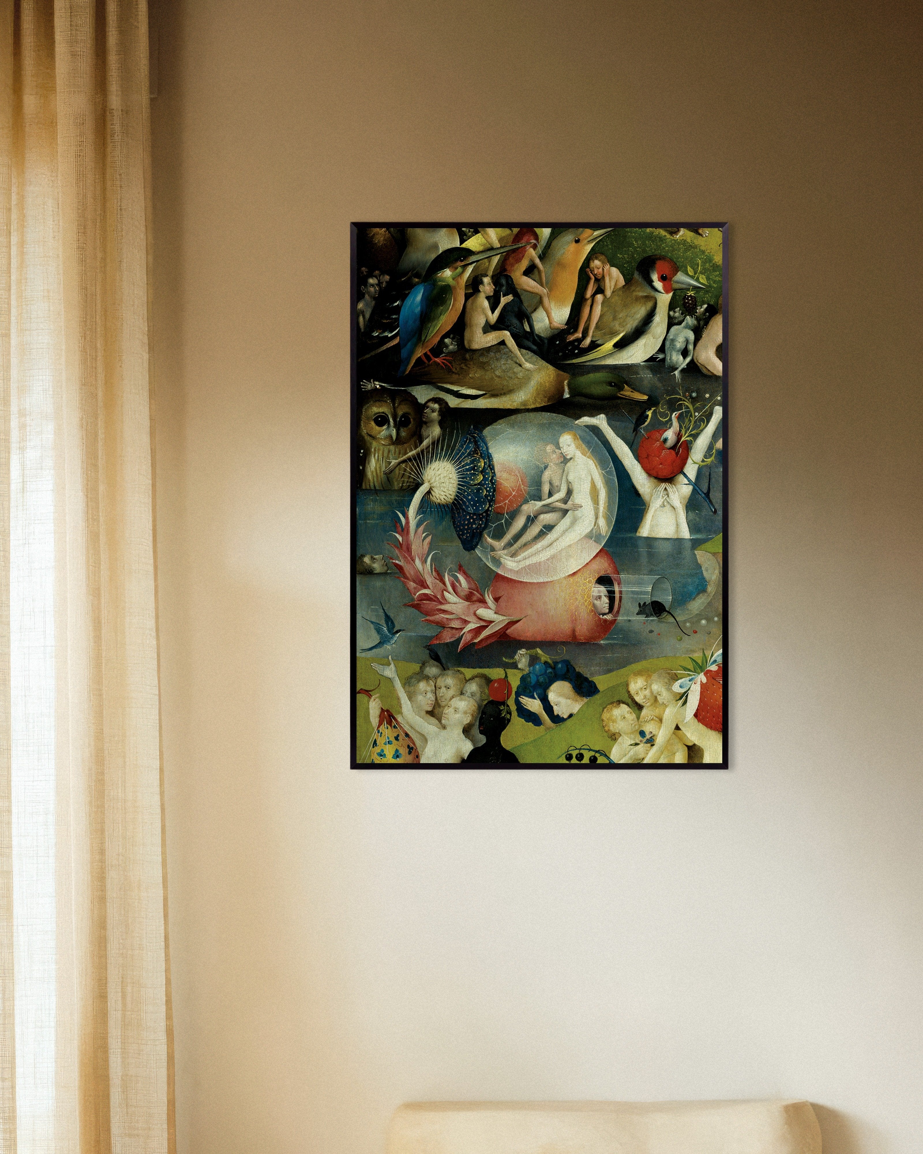 Poster of The bubble and the giant birds - Detail from the Garden of Earthly Delights, with metal frame