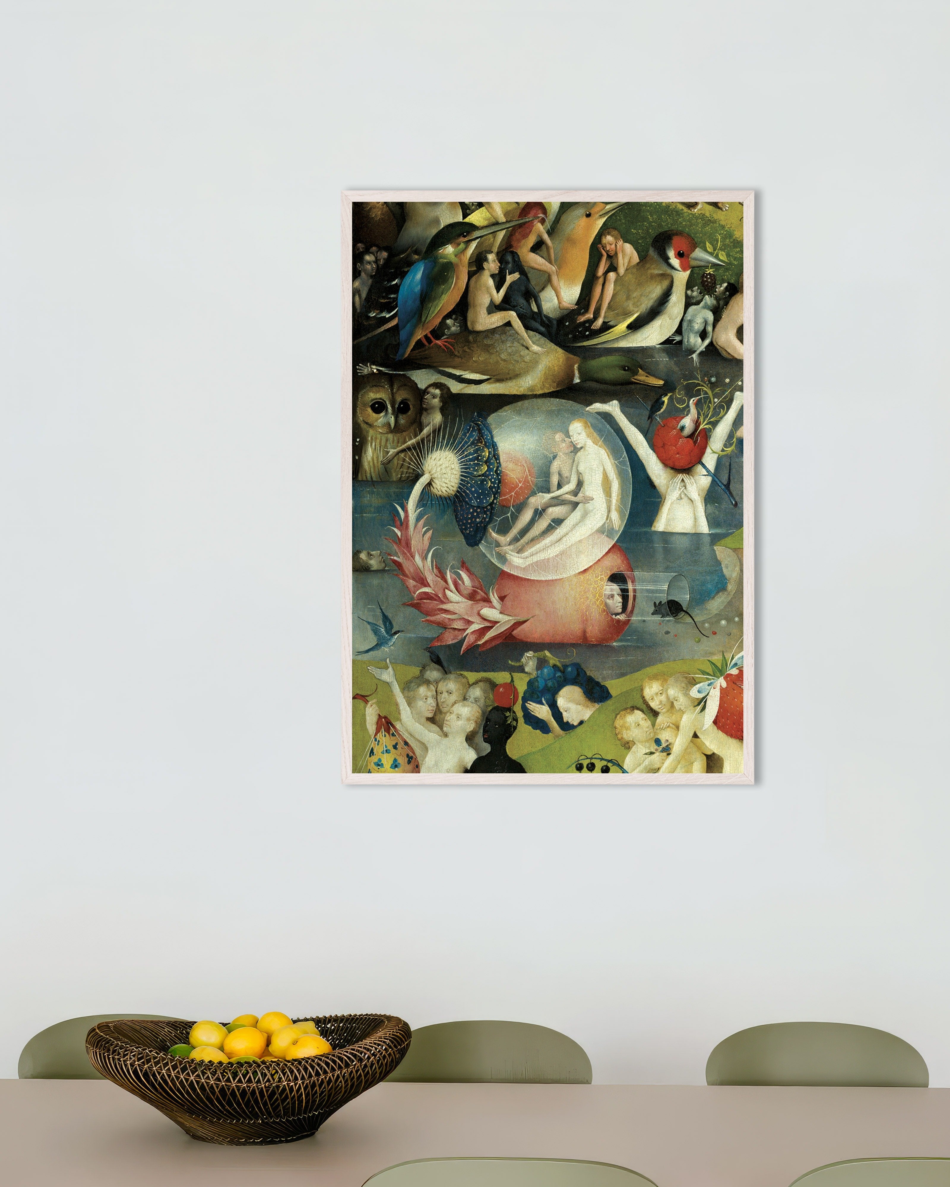 Poster of The bubble and the giant birds - Detail from the Garden of Earthly Delights, with white wooden frame