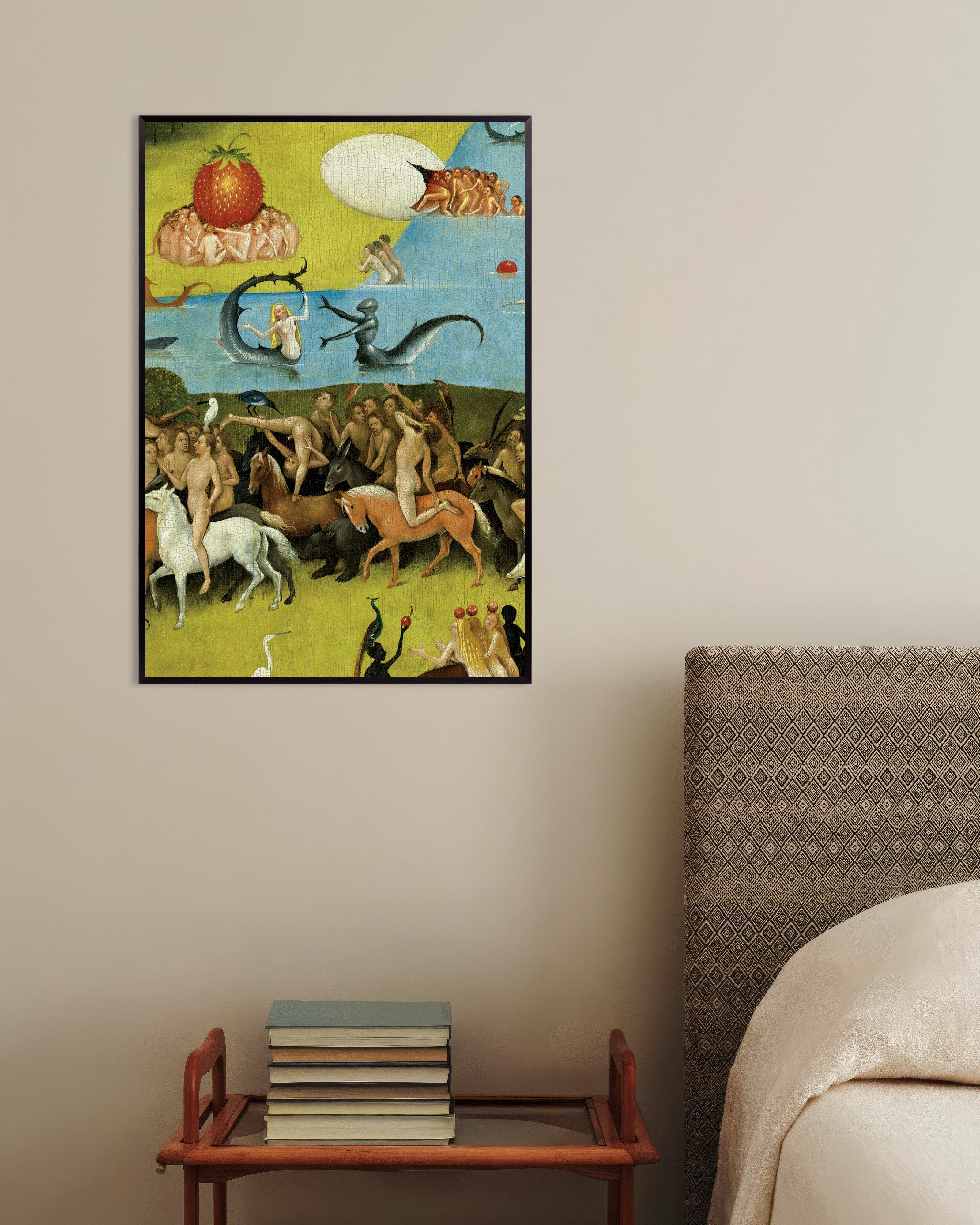 Poster of The cavalcade and the strawberry - Detail from The Garden of Earthly Delights, with metal frame