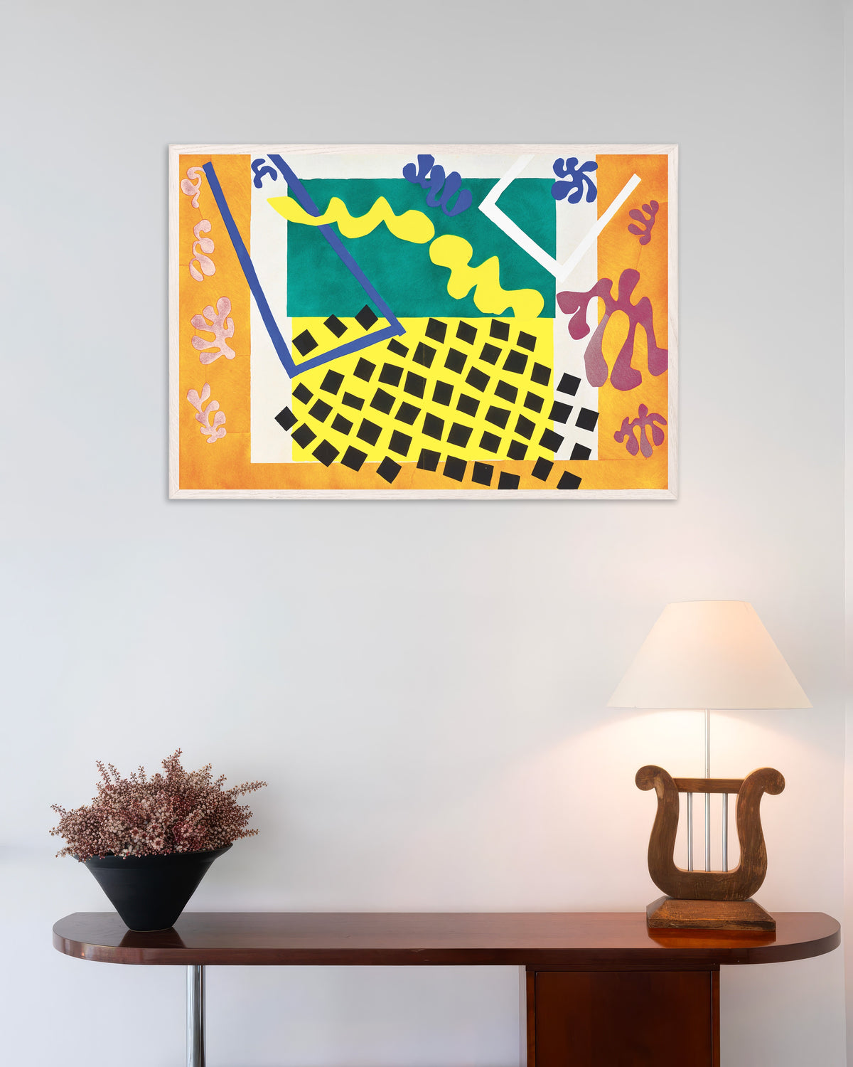 Póster de Los Codomas (Jazz, 1947), de Henri Matisse, con marco de madera blanca