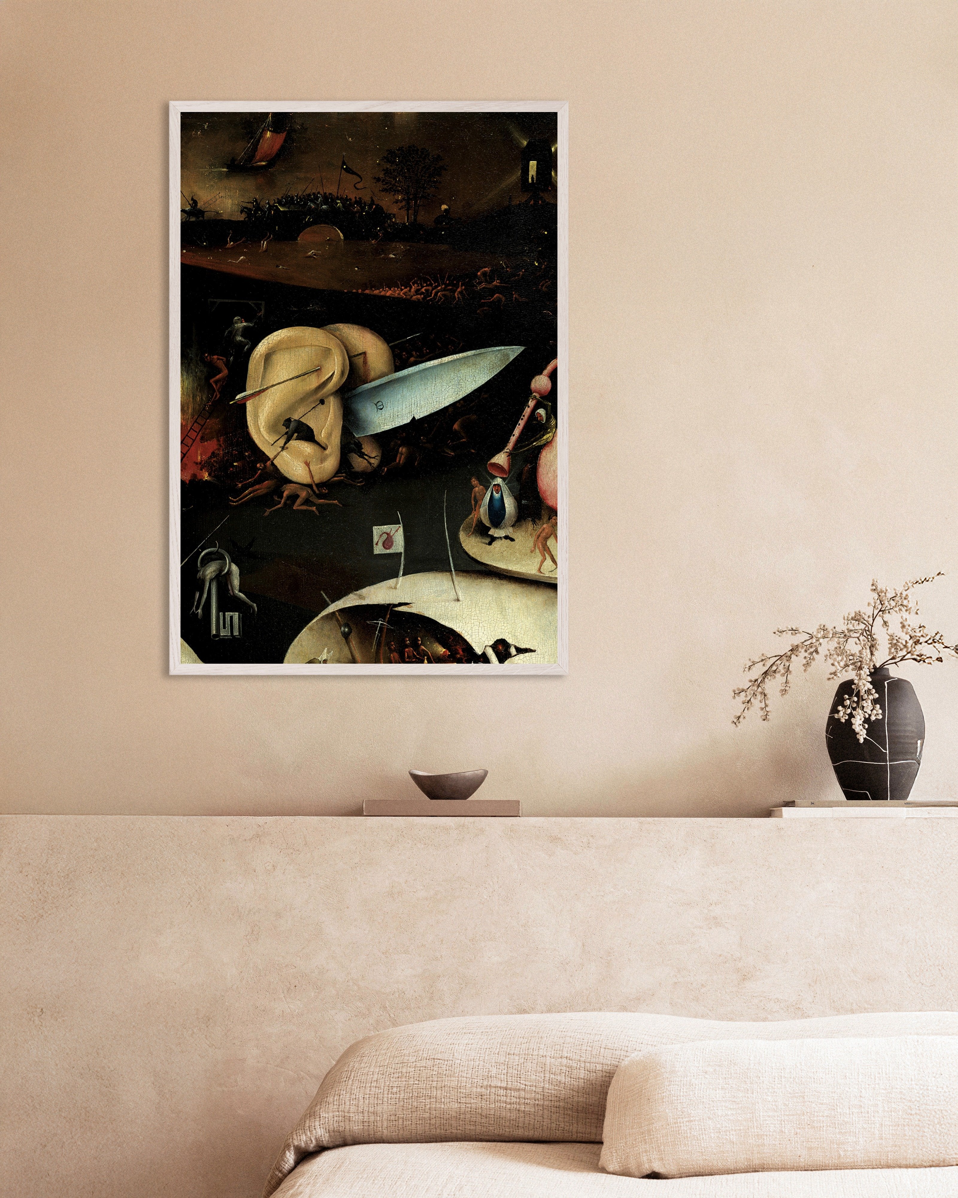 Poster of The giant ears and knife - Detail from The Garden of Earthly Delights, with white wooden frame