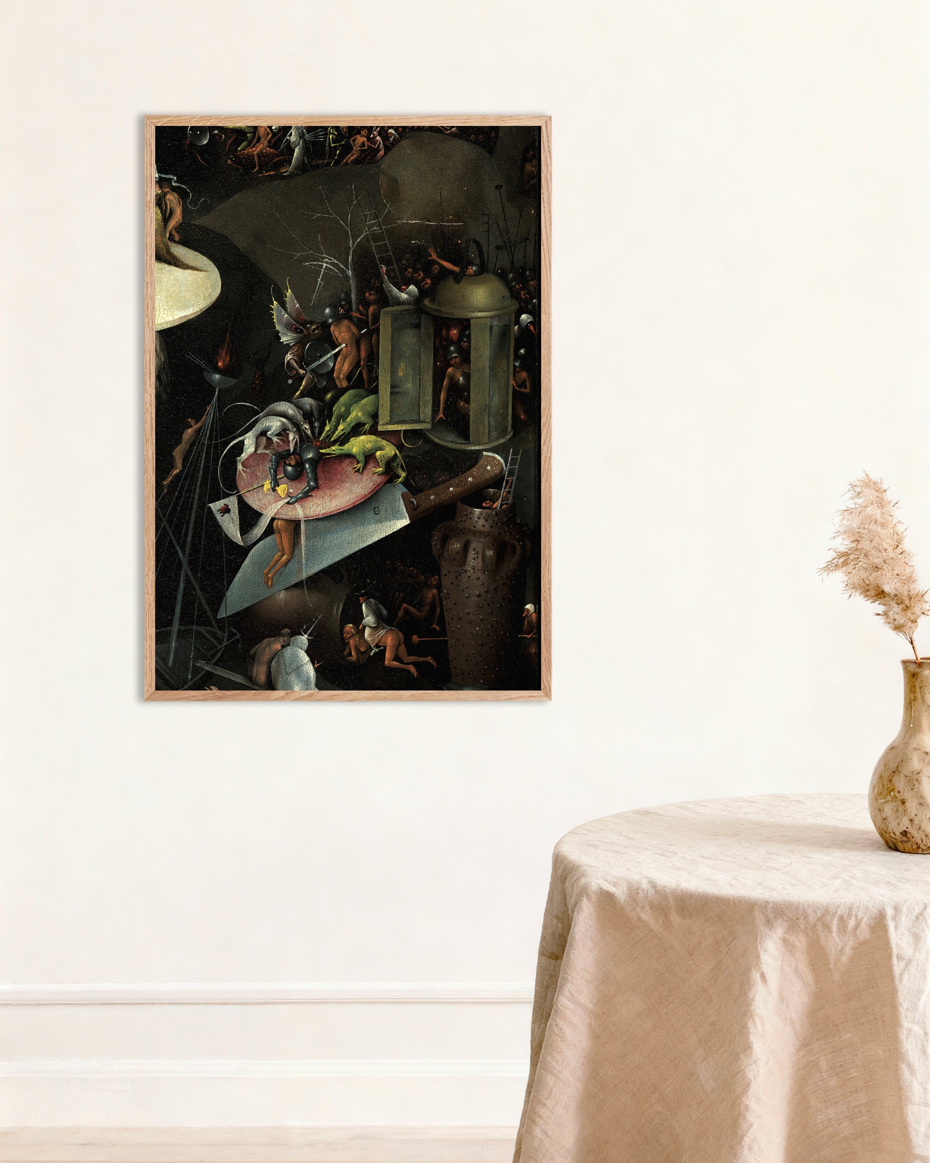 Poster of The knight and the hounds - Detail from The Garden of Earthly Delights, with natural wooden frame