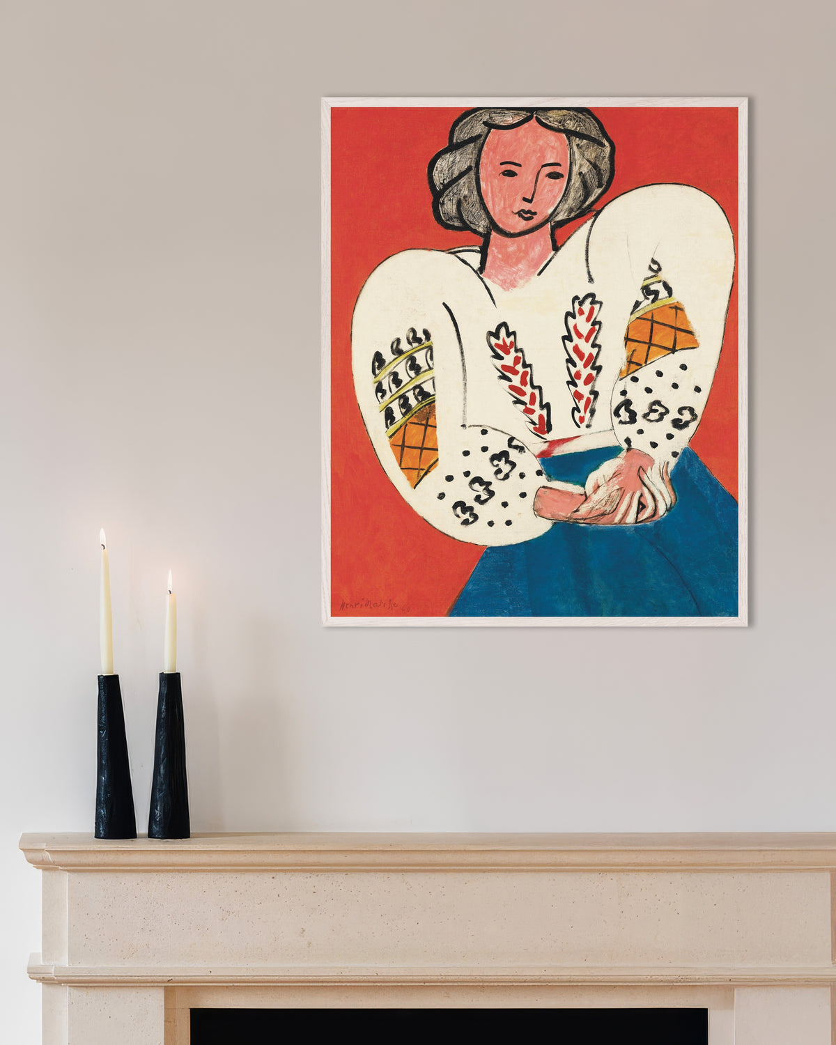 Póster de La blusa rumana (1940), de Henri Matisse, con marco de madera blanca