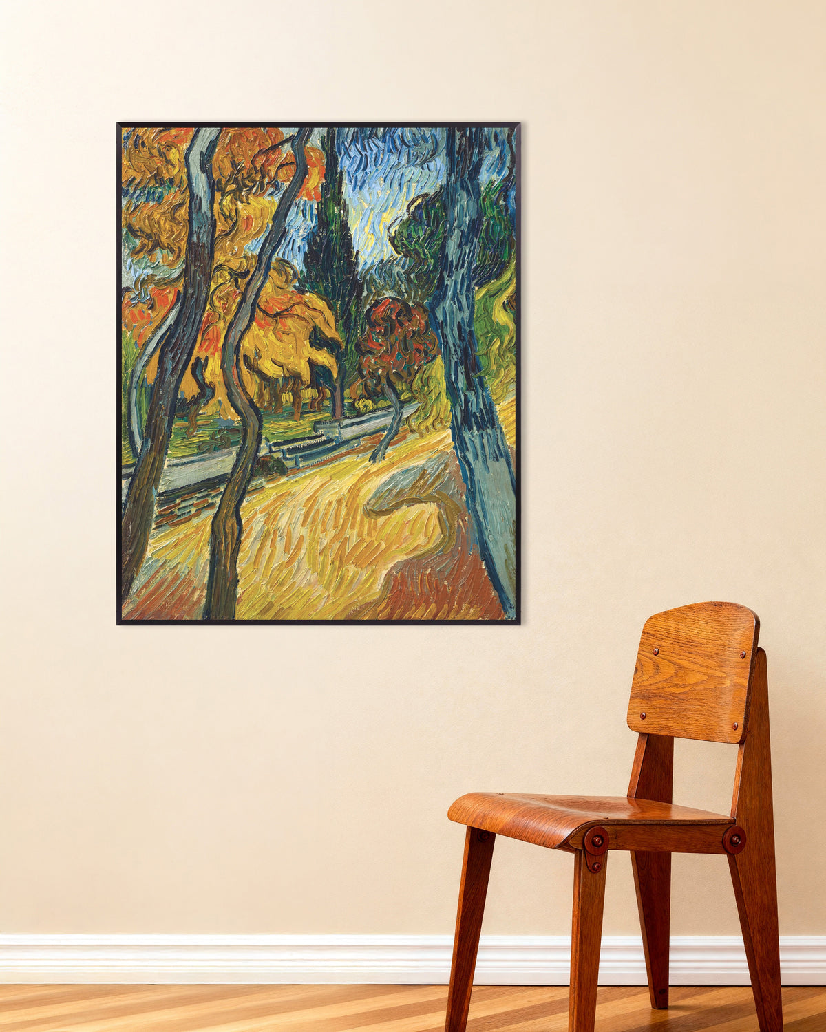 Póster de Árboles en el jardín del asilo (1889), de Vincent van Gogh, con marco metálico