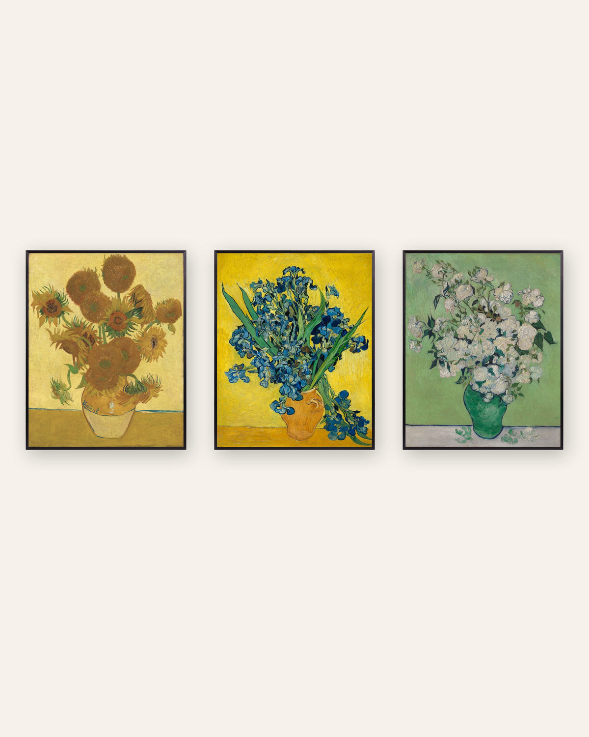 Pósters de flores de Van Gogh, conjunto de 3: Girasoles, Lirios y Rosas, con marcos de metal negro