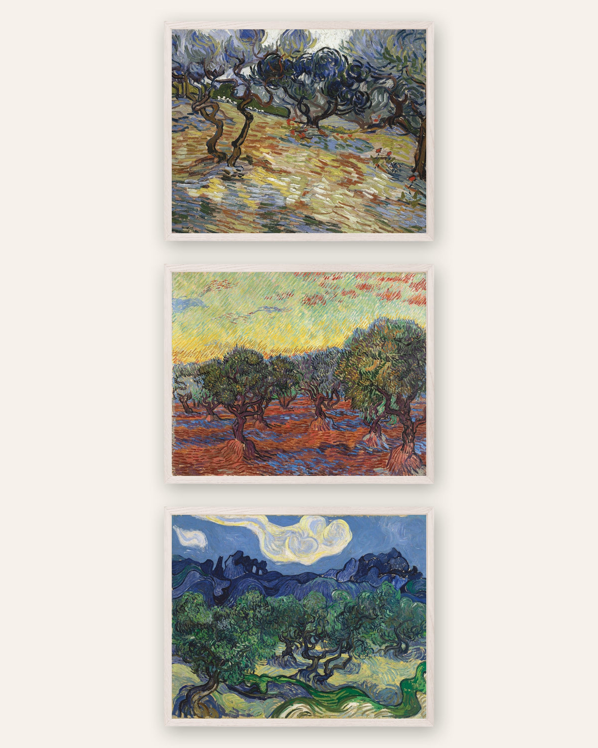 Pósters de Van Gogh, olivos, conjunto de 3: los olivares de Saint-Rémy, con marcos de roble blanco