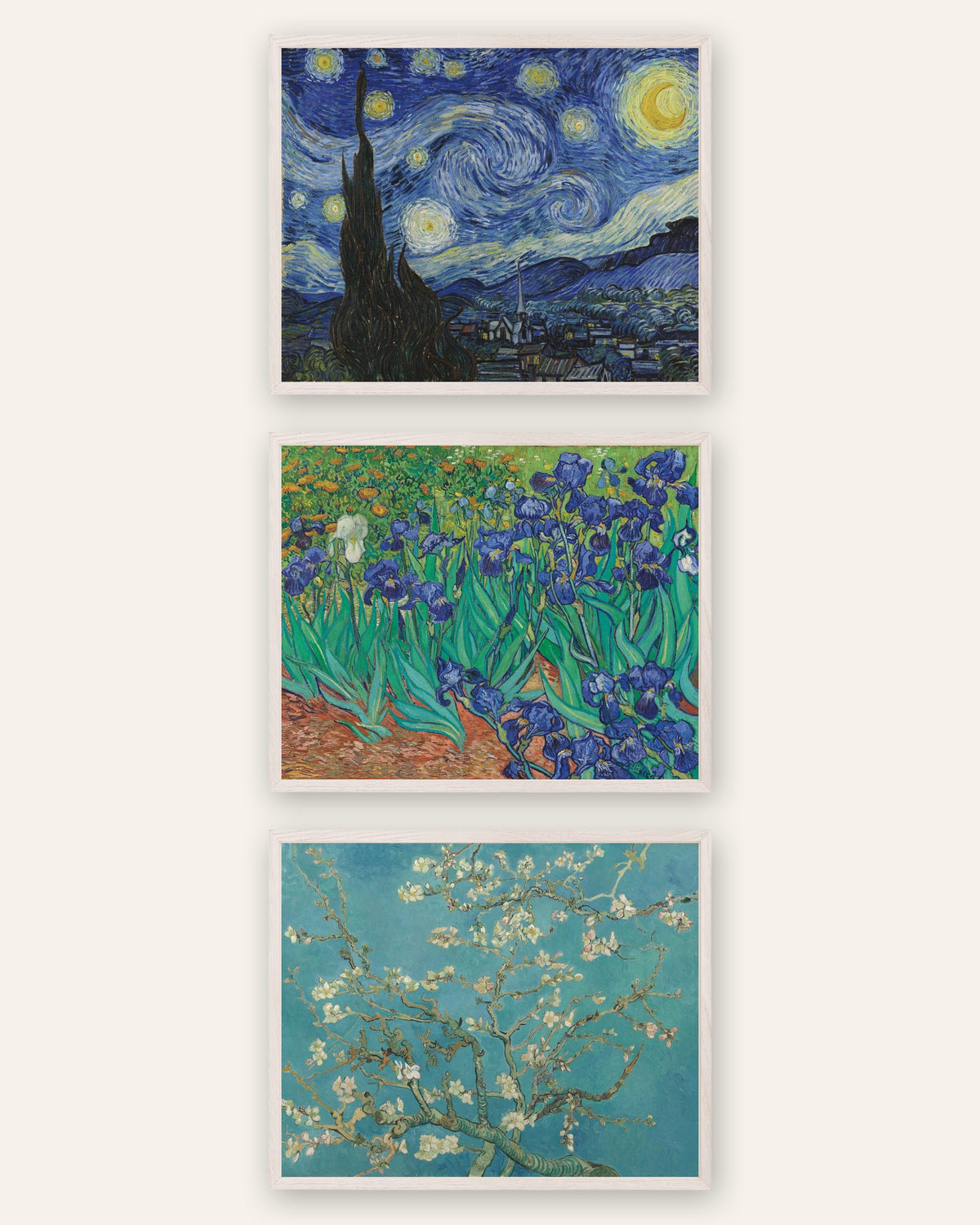 Pósters de Van Gogh, conjunto de 3: La noche estrellada, Lirios y Almendro en flor, con marcos de roble blanco