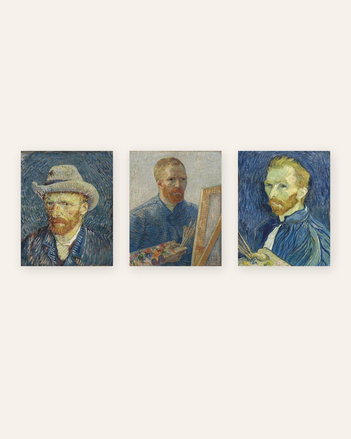 Pósters de autorretratos de Van Gogh, conjunto de 3: de París a Saint-Rémy, sin marco