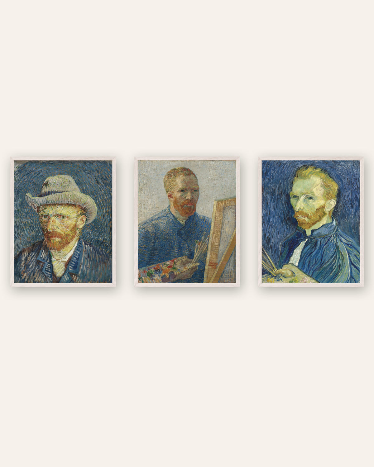 Pósters de autorretratos de Van Gogh, conjunto de 3: de París a Saint-Rémy, con marcos de roble blanco